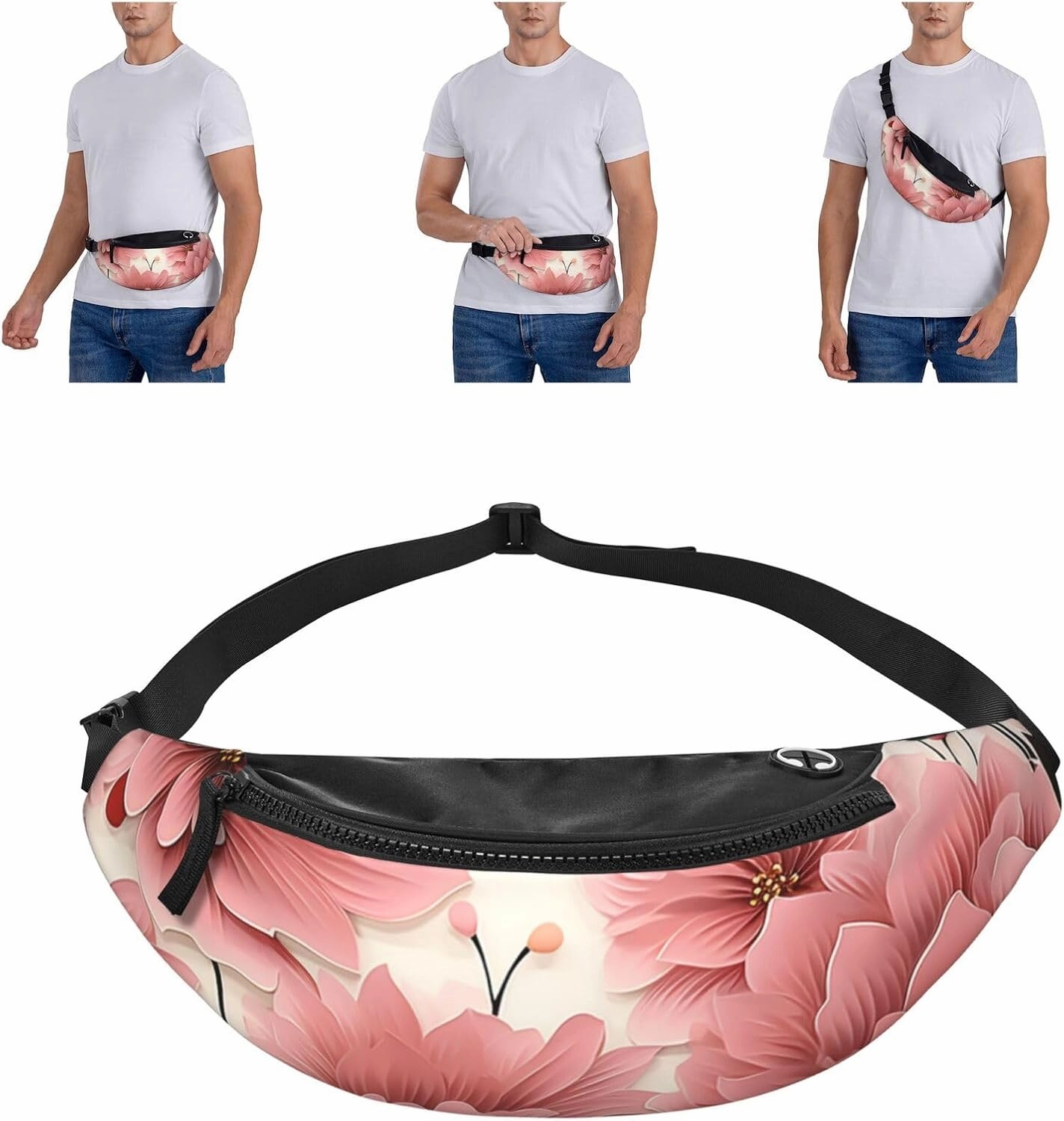 Pink flower pattern Fanny Pack for Man Women Waist Bag Adjustable Belt Casual Chest Bag Bum Bags for Travel Sports Running Hiking Waist Packs