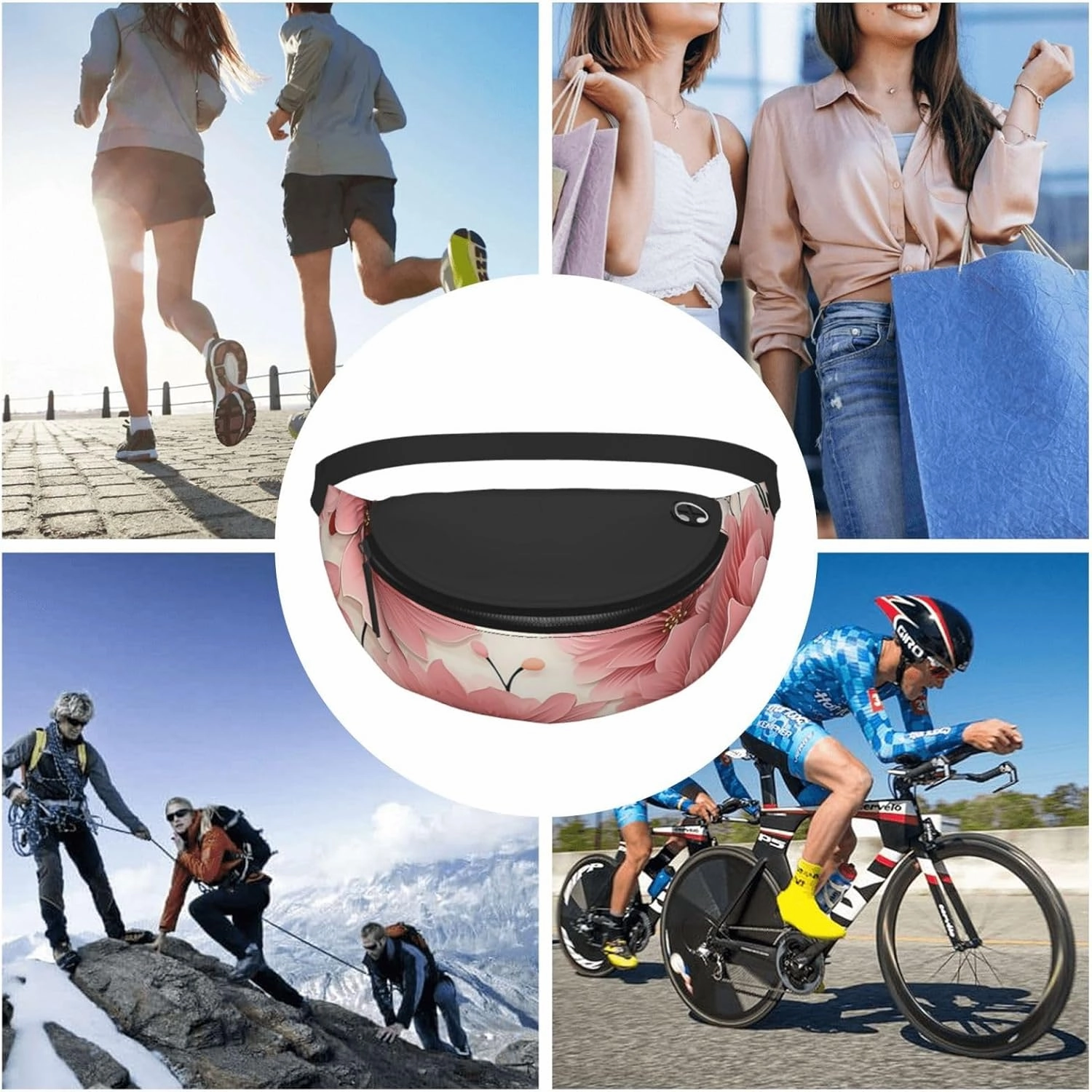 Pink flower pattern Fanny Pack for Man Women Waist Bag Adjustable Belt Casual Chest Bag Bum Bags for Travel Sports Running Hiking Waist Packs