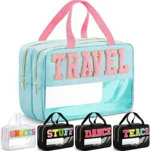 Pinkunn Large Travel Bag with Handle Double Zippered Chenille Letter Bag White Extra Large Clear Travel Pouch Waterproof Nylon Makeup Cosmetic Bag for Women Girls Toiletry Supplies