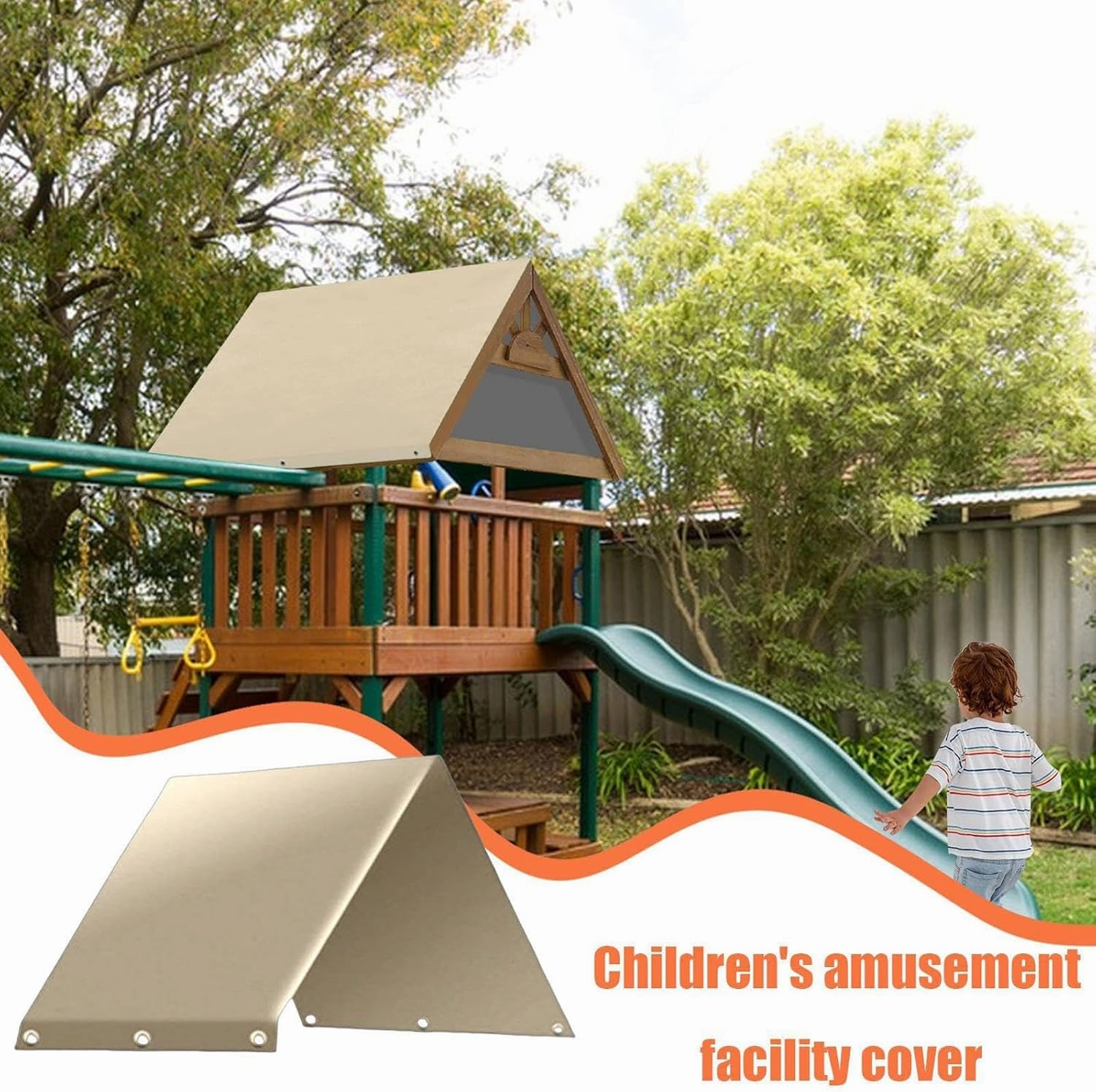 Playground Replacement Canopy, 52“ x 90” Swing Set Replacement Tarp, Kids Playground Roof Canopy Waterproof Snow Proof Tent Cover Replacement Tarp Sunshade (Beige)