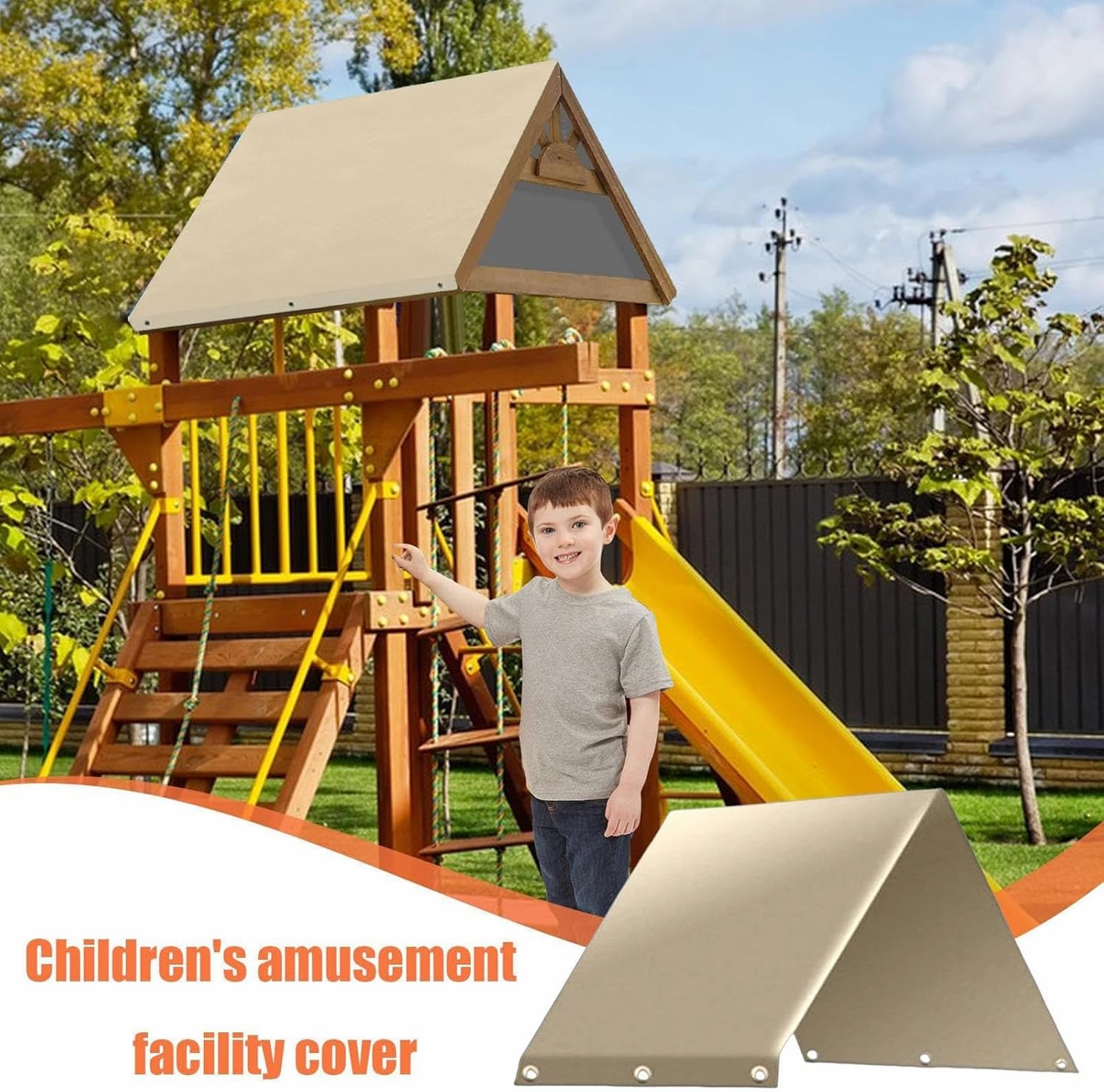 Playground Replacement Canopy, 52“ x 90” Swing Set Replacement Tarp, Kids Playground Roof Canopy Waterproof Snow Proof Tent Cover Replacement Tarp Sunshade (Beige)