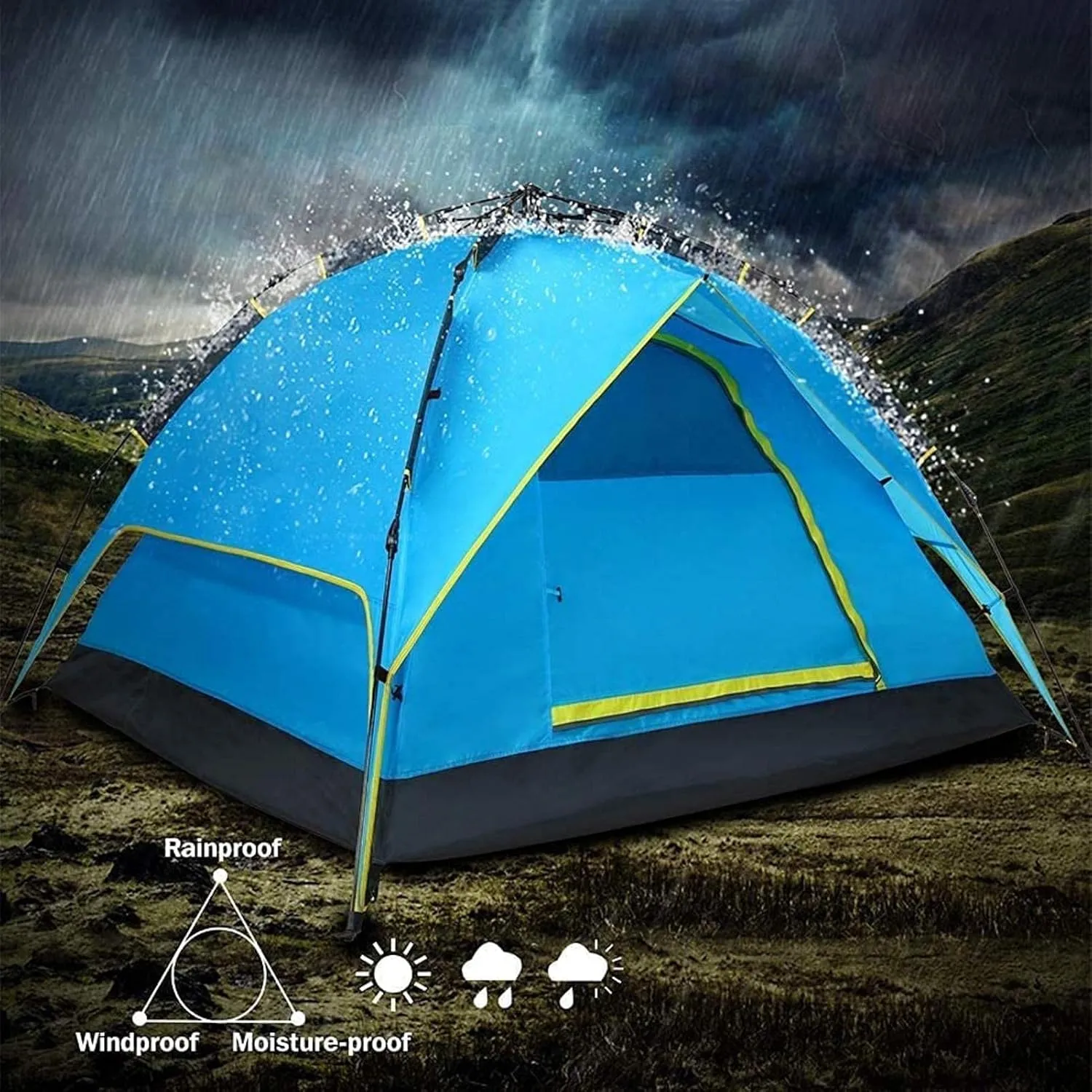 Portable Campitent Double Layer Pop up Tents for 3 to 4 Person, Waterproof Campidome Tent with 2 Doors Ventilated Mesh Window, for Hikicamping (Blue a)
