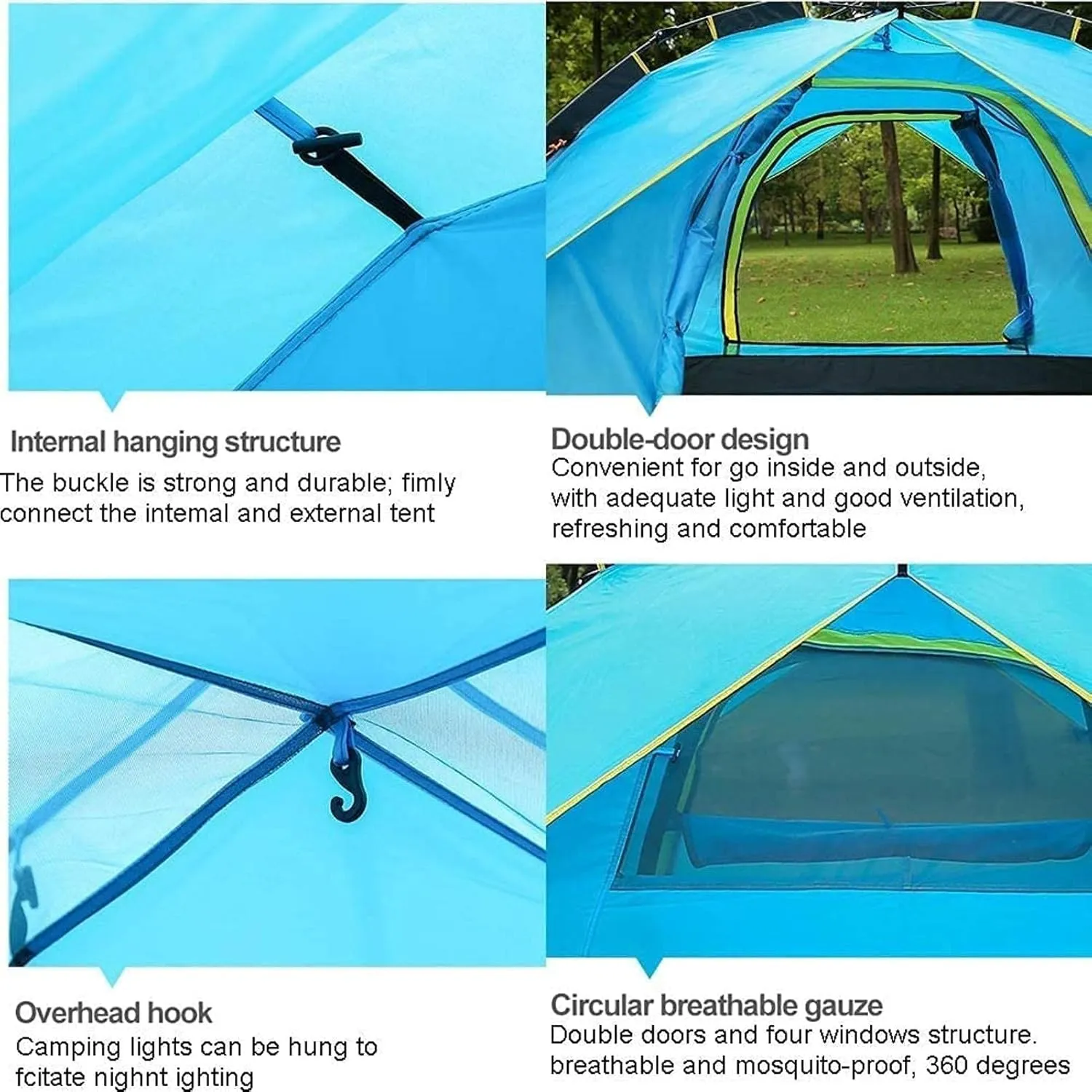 Portable Campitent Double Layer Pop up Tents for 3 to 4 Person, Waterproof Campidome Tent with 2 Doors Ventilated Mesh Window, for Hikicamping (Blue a)