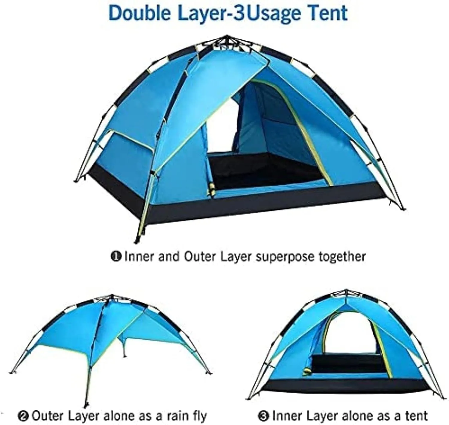 Portable Campitent Double Layer Pop up Tents for 3 to 4 Person, Waterproof Campidome Tent with 2 Doors Ventilated Mesh Window, for Hikicamping (Blue a)