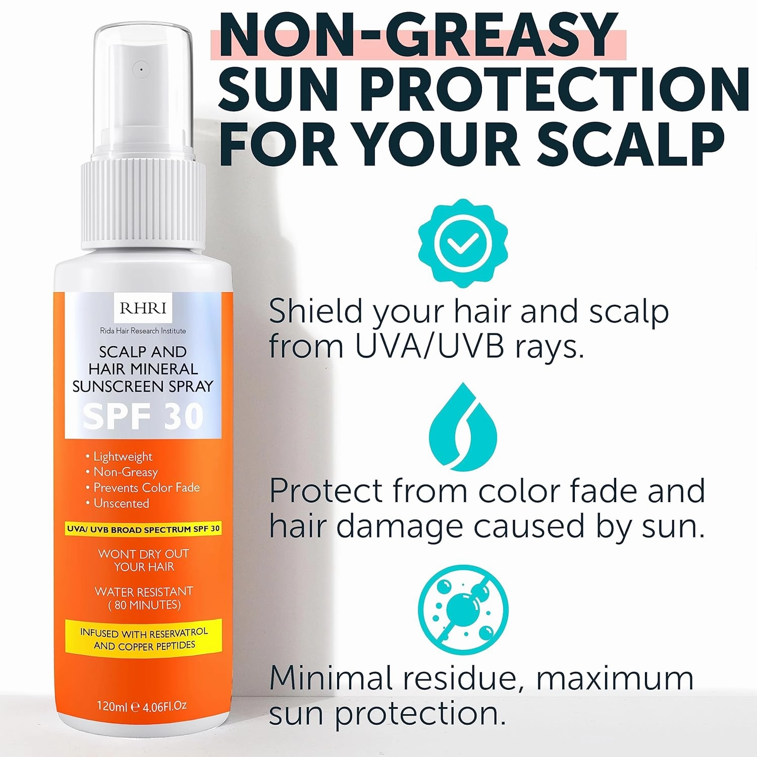 Premium SPF 30 Hair Sunscreen Spray | Non-Greasy UV Protection for Hair and Scalp | Prevents Color Fade and Dryness | Travel-Size UV Protection | Beach SunBlock | Scalp Sunscreen 4 oz 120 ml