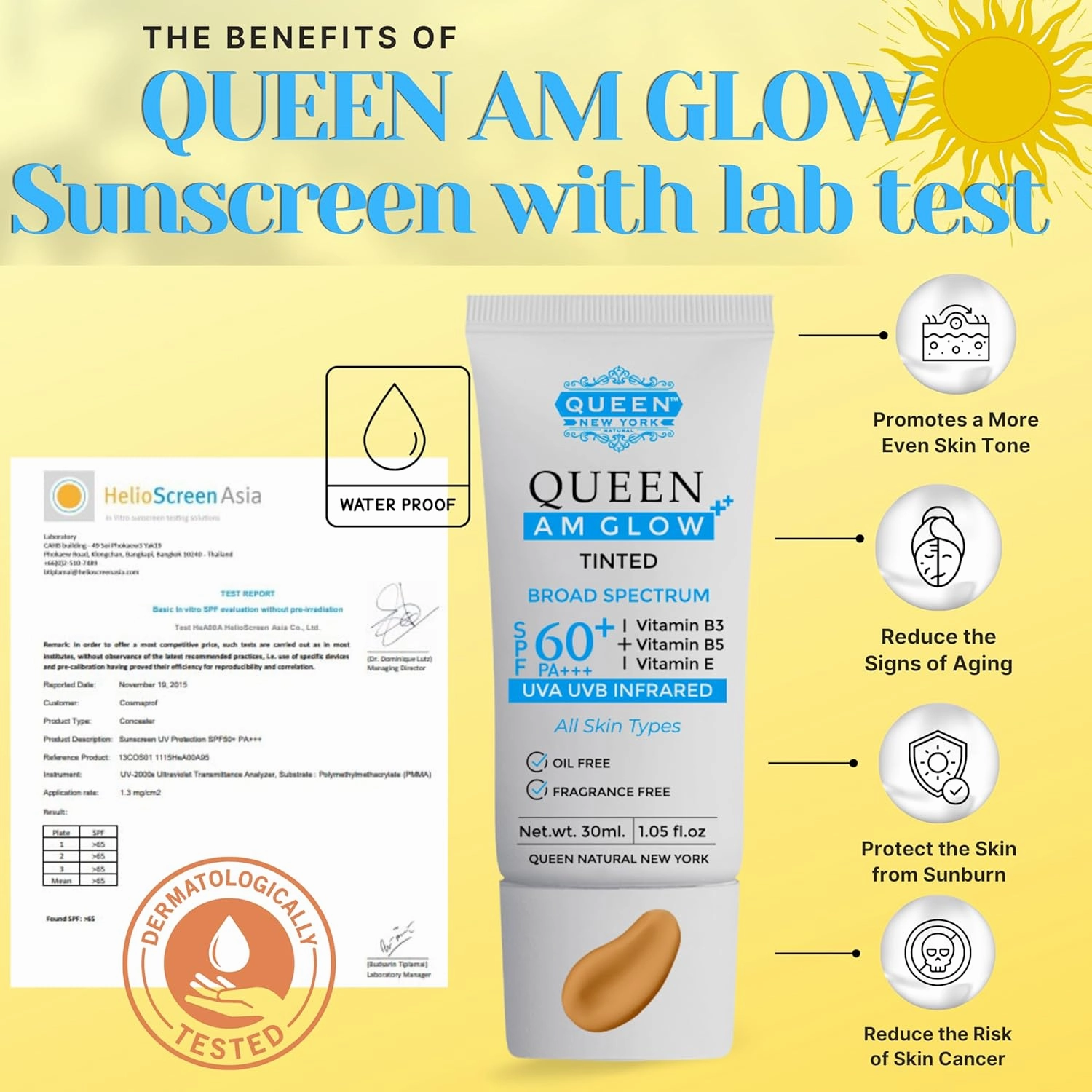 QUEEN AM GLOW | TINTED Sunscreen SPF 60 PA   Primer-Anti Aging, Face Moisturizer- Vitamin B3, B5, E-fragrance free by QUEEN NATURAL NEW YORK (03-Neutral Tan)