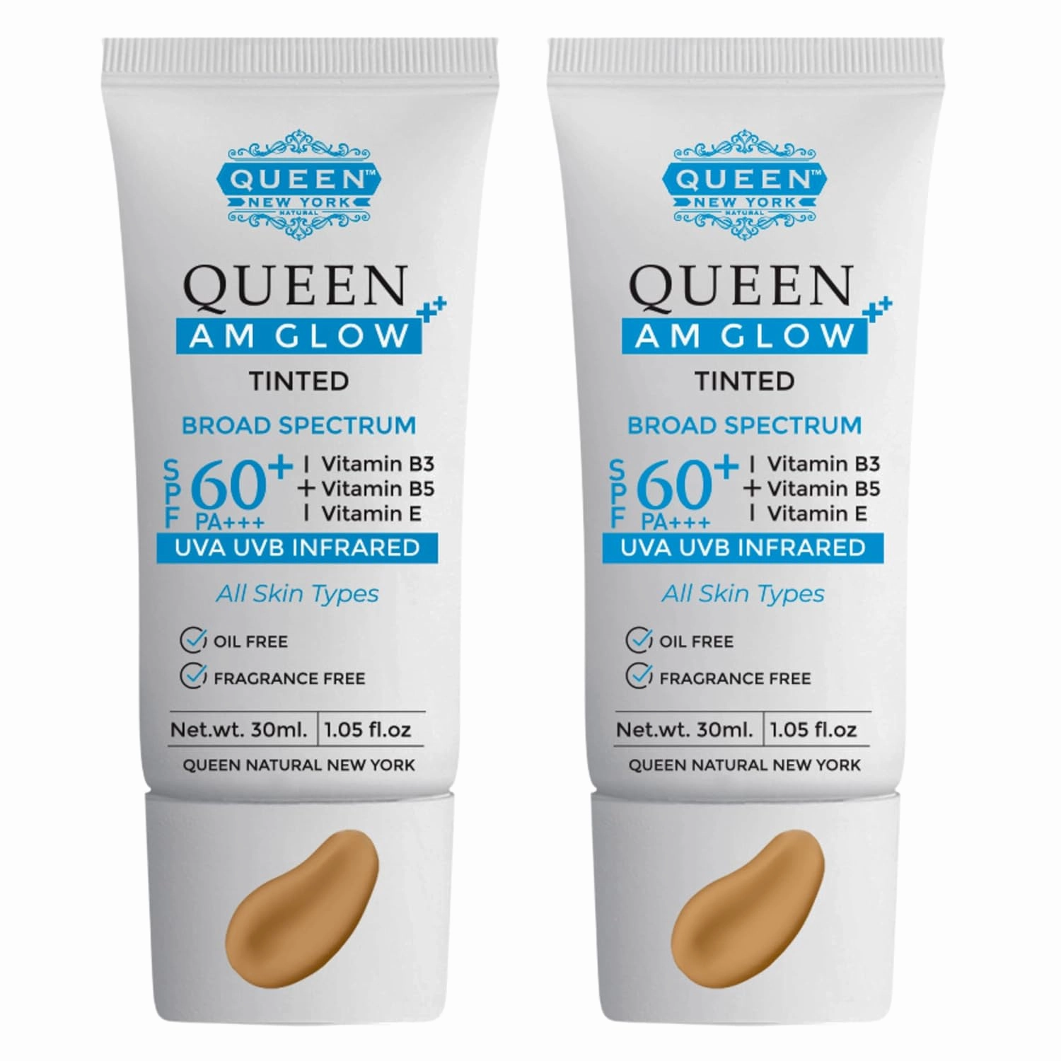 QUEEN AM GLOW | TINTED SunScreen SPF 60 PA   Primer-Face Moisturizer- Vitamin B3, B5, E- Non-Greasy, Silky Touch-oil free, fragrance free by QUEEN NATURAL NEW YORK (Pack of 2)