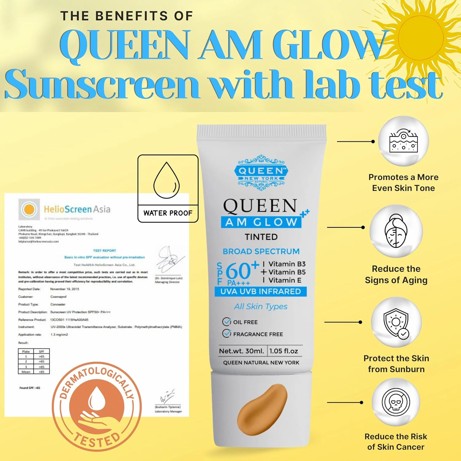 QUEEN AM GLOW | TINTED SunScreen SPF 60 PA   Primer-Face Moisturizer- Vitamin B3, B5, E- Non-Greasy, Silky Touch-oil free, fragrance free by QUEEN NATURAL NEW YORK (Pack of 2)