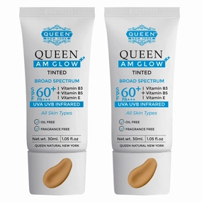 QUEEN AM GLOW | TINTED SunScreen SPF 60 PA   Primer-Face Moisturizer- Vitamin B3, B5, E- Non-Greasy, Silky Touch-oil free, fragrance free by QUEEN NATURAL NEW YORK (Pack of 2)