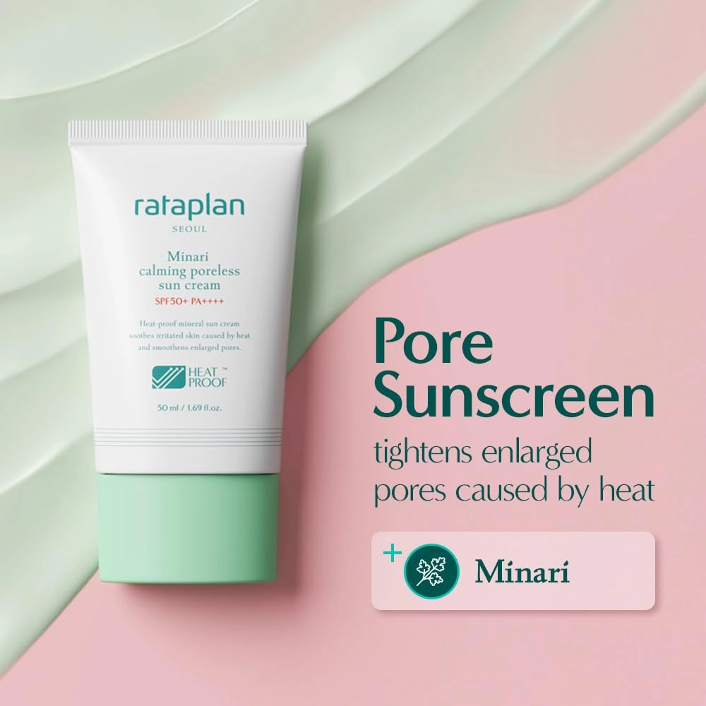 Rataplan Minari Calming Poreless Sun Cream SPF 50  PA     (2 Pack)- Mineral Sunscreen, Korean Sunscreen for Oily Skin, Pore Minimizer for Face, Reef Safe, Korean Skincare