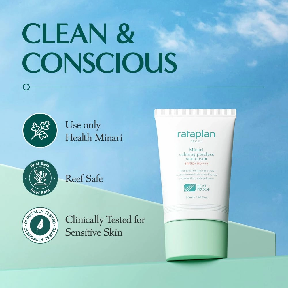 Rataplan Minari Calming Poreless Sun Cream SPF 50  PA     (2 Pack)- Mineral Sunscreen, Korean Sunscreen for Oily Skin, Pore Minimizer for Face, Reef Safe, Korean Skincare
