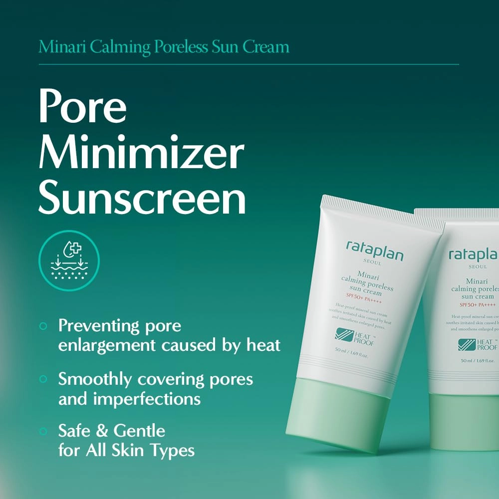 Rataplan Minari Calming Poreless Sun Cream SPF 50  PA     (2 Pack)- Mineral Sunscreen, Korean Sunscreen for Oily Skin, Pore Minimizer for Face, Reef Safe, Korean Skincare
