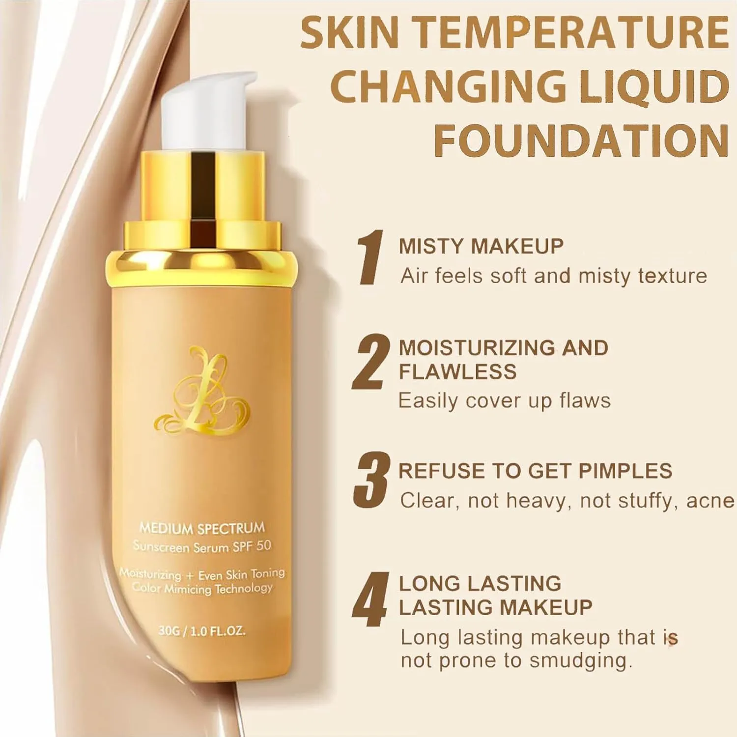Rise 4 In 1 Color Changing Luxus Foundation,Medium Spectrum Foundation Makeup, Waterproof & Hydrating,Full Coverage & Long Lasting (Pack of 1)