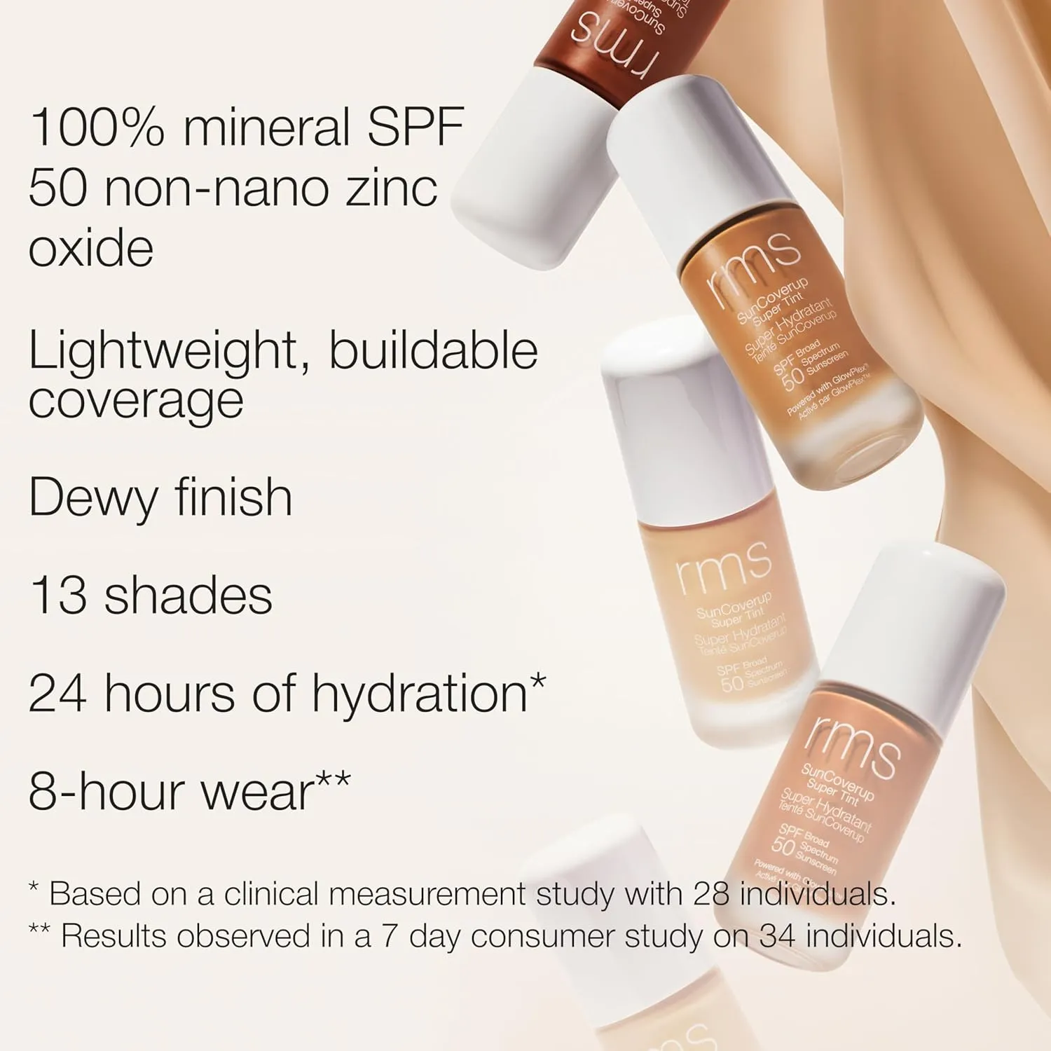 RMS Beauty SunCoverup Super Tint SPF 50 Sunscreen - Lightweight Mineral SPF Tinted Moisturizer, Dewy Finish, Non-Comedogenic & Safe for Sensitive Skin