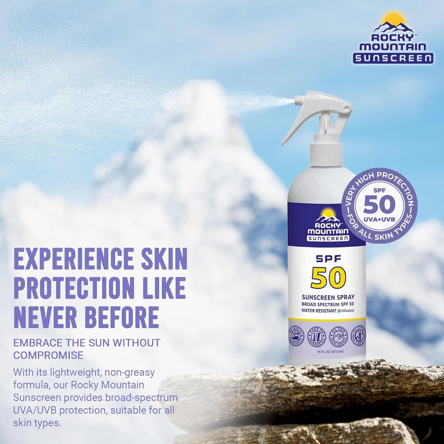 Rocky Mountain Sunscreen SPF 50 Liquid Spray | Broad Spectrum UVA/UVB Protection | Hawaii 104 Reef Act Compliant (Oxybenzone & Octinoxate Free) | Water Resistant 80 Min. | Fragrance Free (16 Fl Oz)