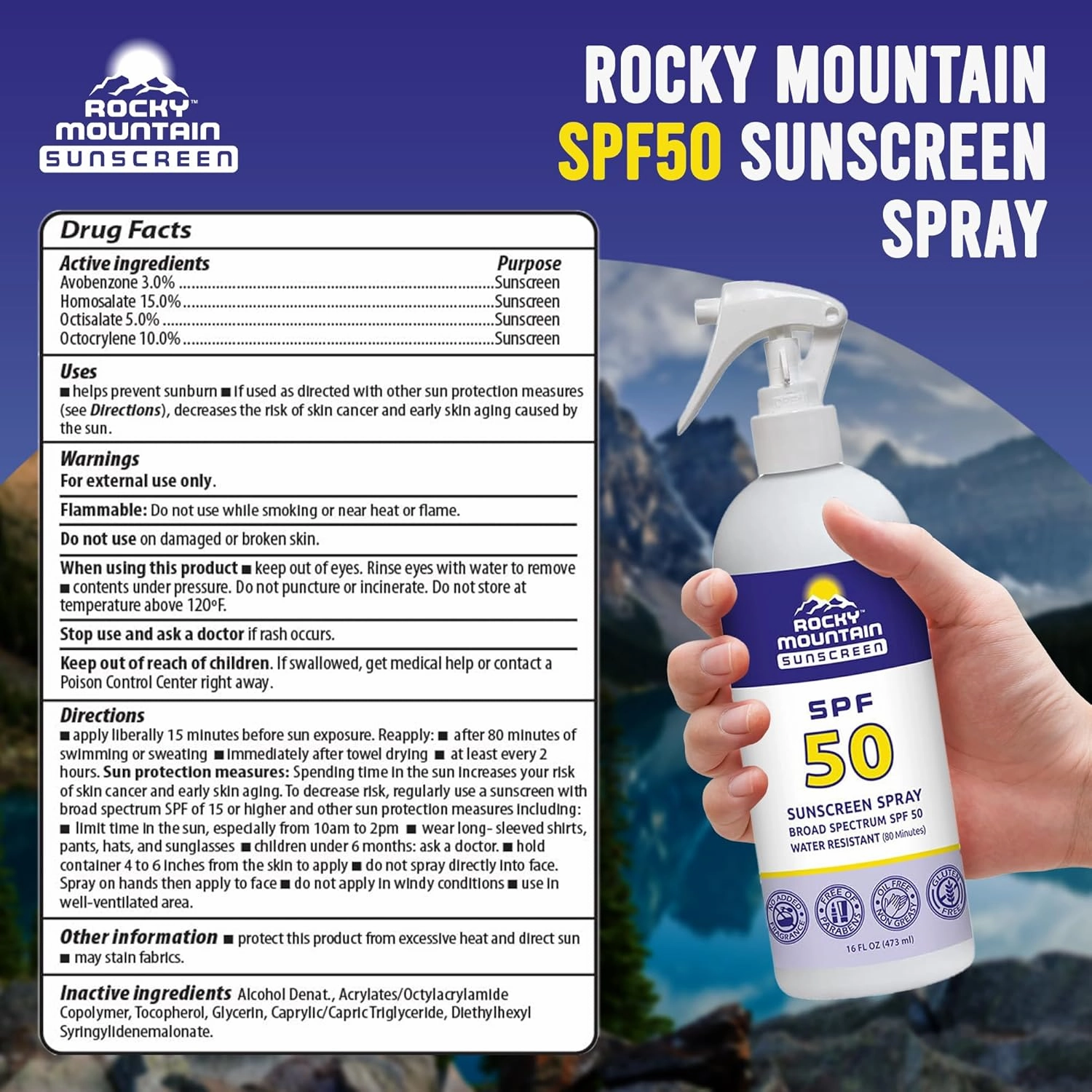 Rocky Mountain Sunscreen SPF 50 Liquid Spray | Broad Spectrum UVA/UVB Protection | Hawaii 104 Reef Act Compliant (Oxybenzone & Octinoxate Free) | Water Resistant 80 Min. | Fragrance Free (16 Fl Oz)