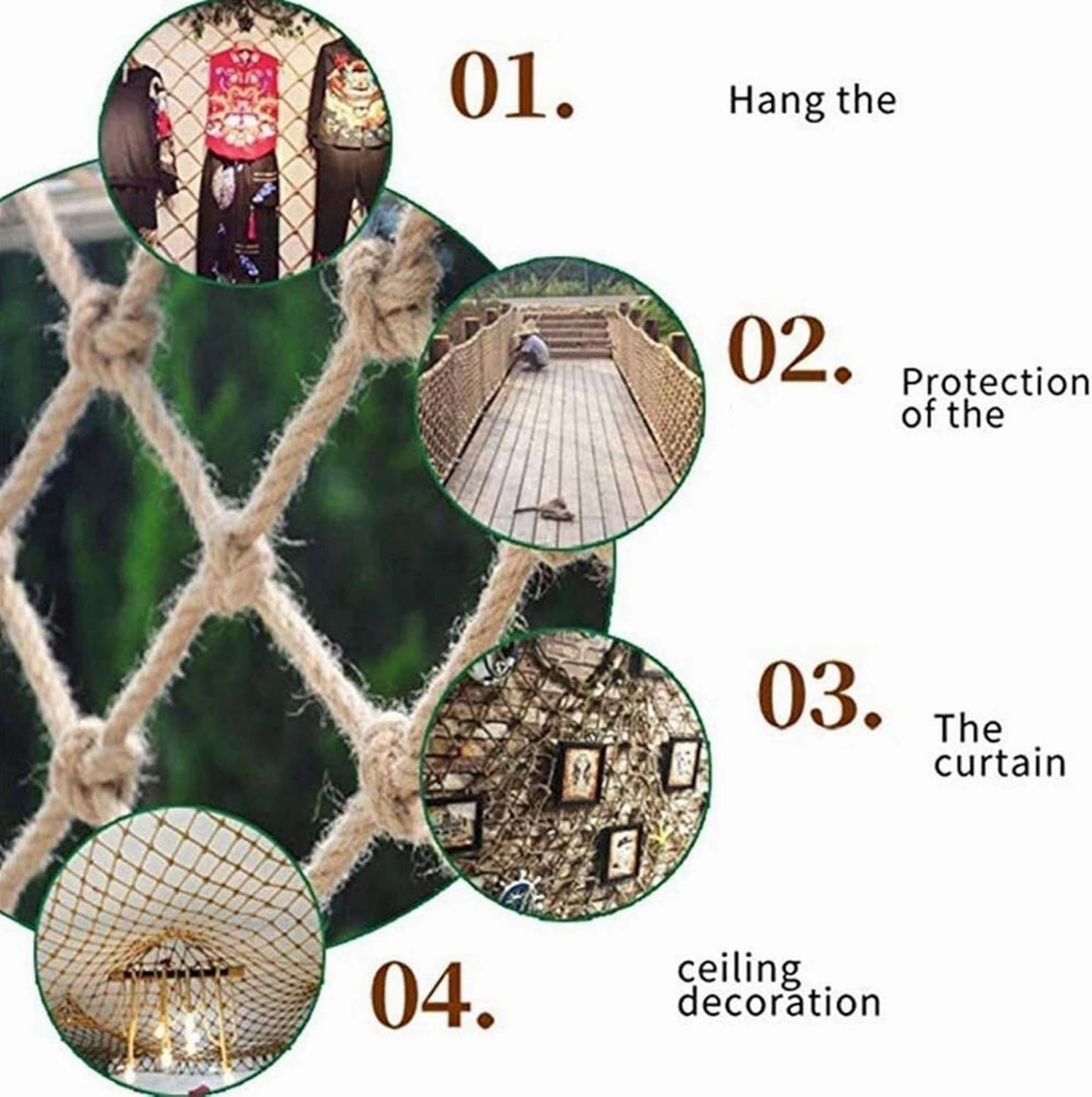 Rope Net Child Safety Net Hemp Rope Climbing Cargo Net Heavy Duty Netting Swing Birds Treehouse Railing Outdoor Playground Pet Decoration (Size : 12m(36ft))