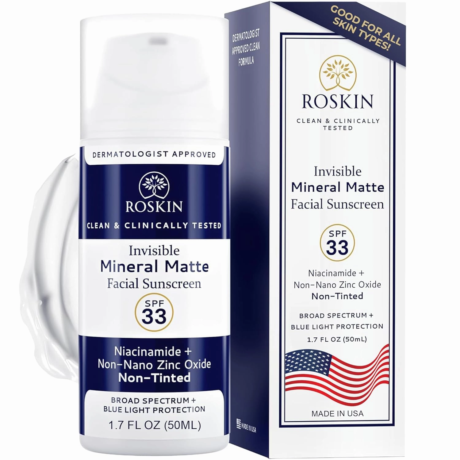 Roskin Invisible Mineral Sunscreen for Face with Non Nano Zinc Oxide - Clinically Tested Nontinted Face Sunscreen with SPF 33 Broad Spectrum & Blue Light Protection - For All Skin Types (1.7 FI Oz)