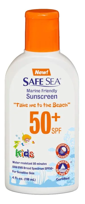 Safe Sea Jellyfish Sting-Blocking Sunscreen for Kids, SPF 50  Lotion 4oz, Waterproof, Biodegradable, Coral Reef-Safe – Body and Face Sunscreen, Anti-Jellyfish and Sea-Lice sting protection.