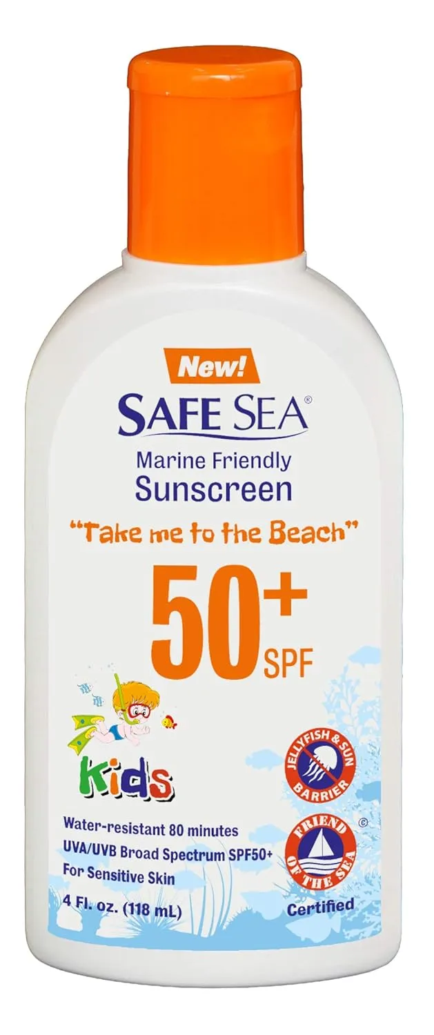 Safe Sea Jellyfish Sting-Blocking Sunscreen for Kids, SPF 50  Lotion 4oz, Waterproof, Biodegradable, Coral Reef-Safe – Body and Face Sunscreen, Anti-Jellyfish and Sea-Lice sting protection.