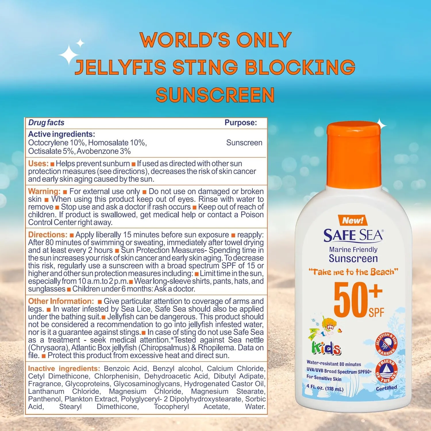 Safe Sea Jellyfish Sting-Blocking Sunscreen for Kids, SPF 50  Lotion 4oz, Waterproof, Biodegradable, Coral Reef-Safe – Body and Face Sunscreen, Anti-Jellyfish and Sea-Lice sting protection.