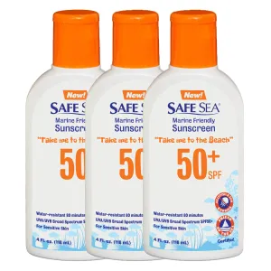 Safe Sea Jellyfish Sting-Blocking Sunscreen, SPF 50  Lotion 4oz, Waterproof, Biodegradable, Coral Reef-Safe – Body and Face Sunscreen, Anti-Jellyfish and Sea-Lice sting protection. 4 FL Oz (Pack of 3)