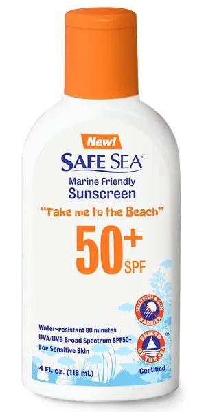 Safe Sea Jellyfish Sting-Blocking Sunscreen, SPF 50  Lotion 4oz, Waterproof, Biodegradable, Coral Reef-Safe – Body and Face Sunscreen, Anti-Jellyfish and Sea-Lice sting protection.