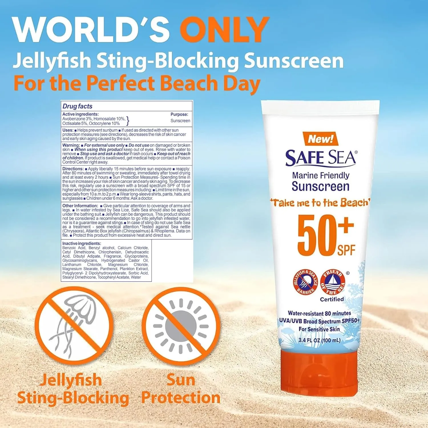 SAFE SEA Jellyfish Sting-Blocking Sunscreen, SPF 50  travel Size Lotion, Waterproof, Biodegradable, Coral Reef-Safe, Body and Face Sunscreen, Anti-Jellyfish and Sea-Lice sting protection (Tube 3.4 oz)