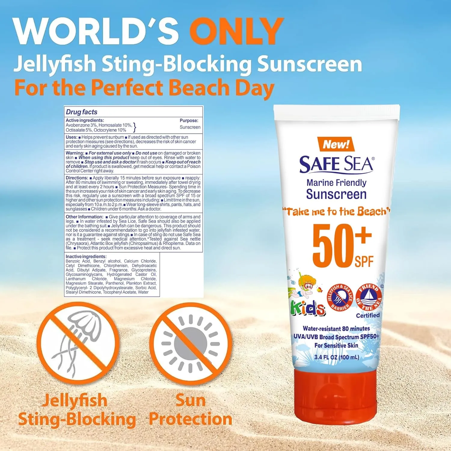 Safe Sea SPF50  Kids Sunscreen | Travel Size 3.4 oz. | For sensitive skin | anti-jellyfish and Sea Lice sting protective lotion | Coral reef safe sunscreen