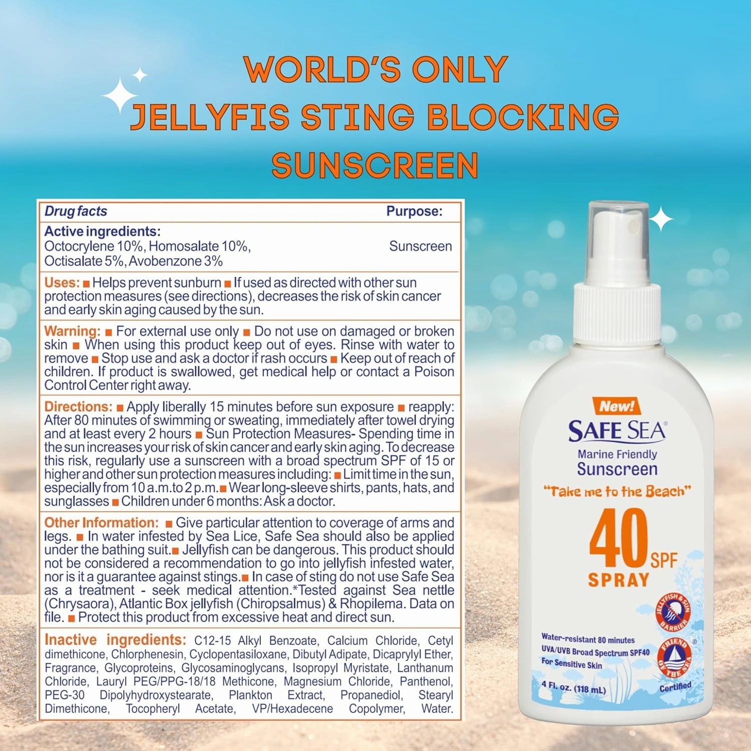Safe Sea Jellyfish Sting-Blocking Sunscreen, SPF 40  Spray 4 Fl oz, Waterproof, Biodegradable, Coral Reef-Safe – Body and Face Sunscreen, Anti-Jellyfish and Sea-Lice sting protection.