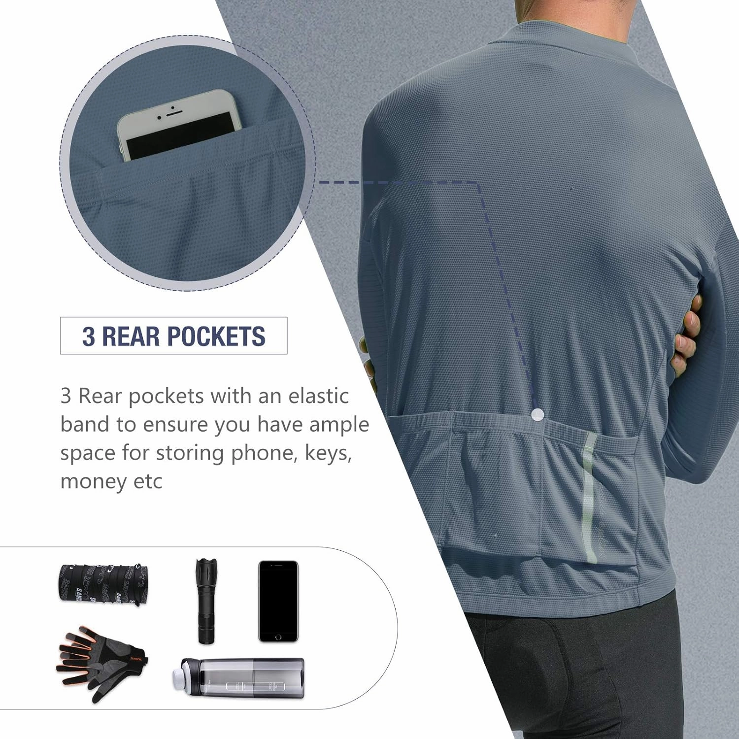 Santic Men's Cycling Jersey Long Sleeve Top Road Bike Shirt Full Zipper UPF 50  MTB Jersey with Pockets