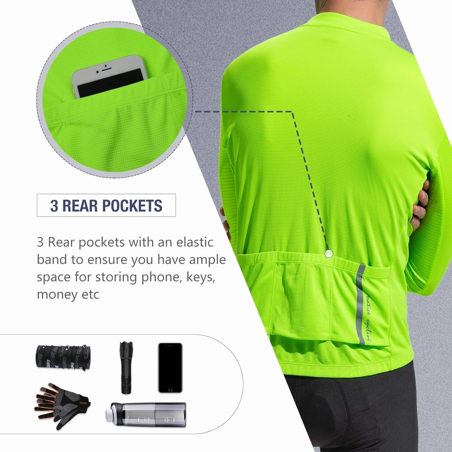 Santic Men's Cycling Jersey Long Sleeve Top Road Bike Shirt Full Zipper UPF 50  MTB Jersey with Pockets