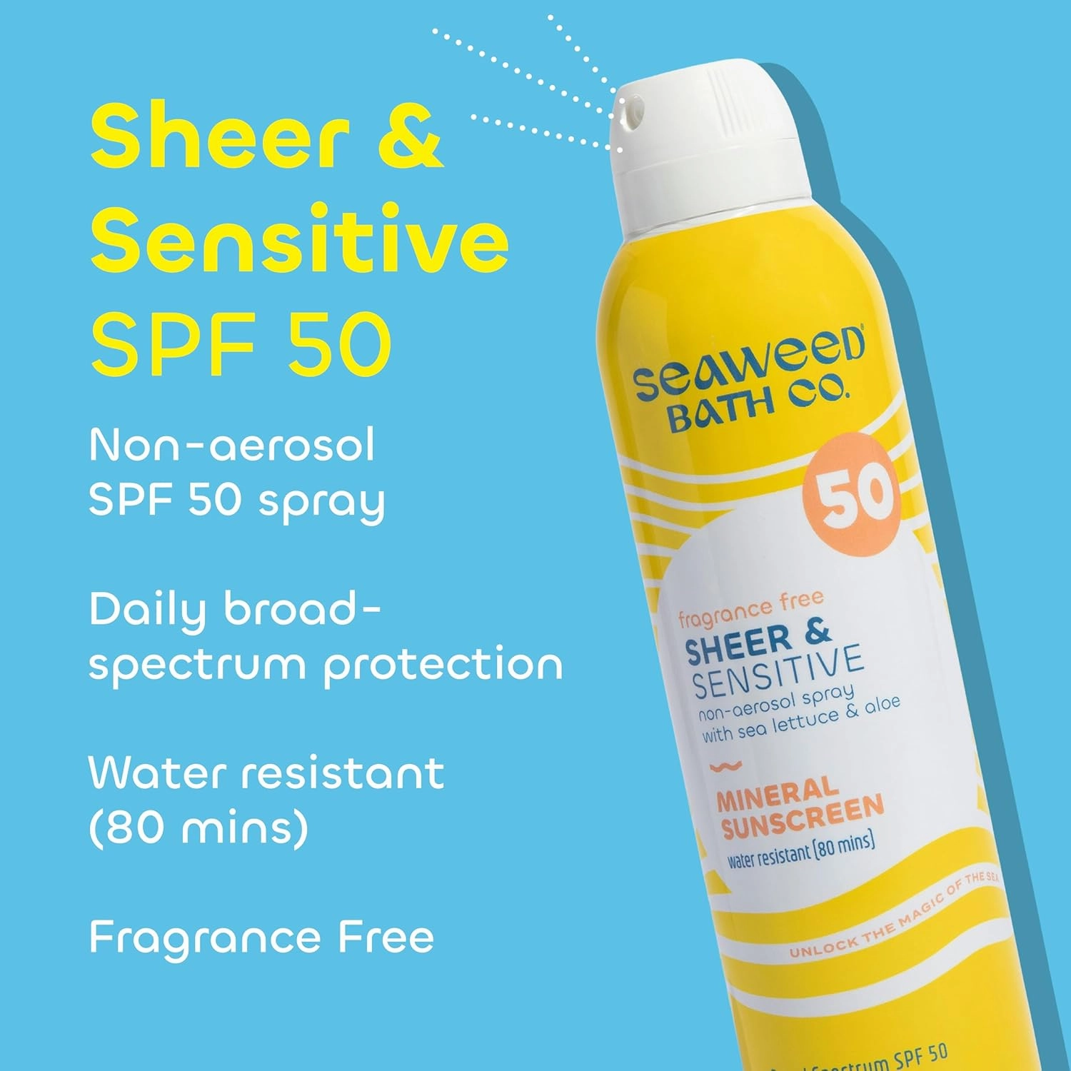 Seaweed Bath Co. Sheer Mineral Sensitive SPF 50 Broad Spectrum Sunscreen Spray, 6 Ounce, Fragrance Free, Sustainably Harvested Seaweed, Sea Lettuce, Aloe