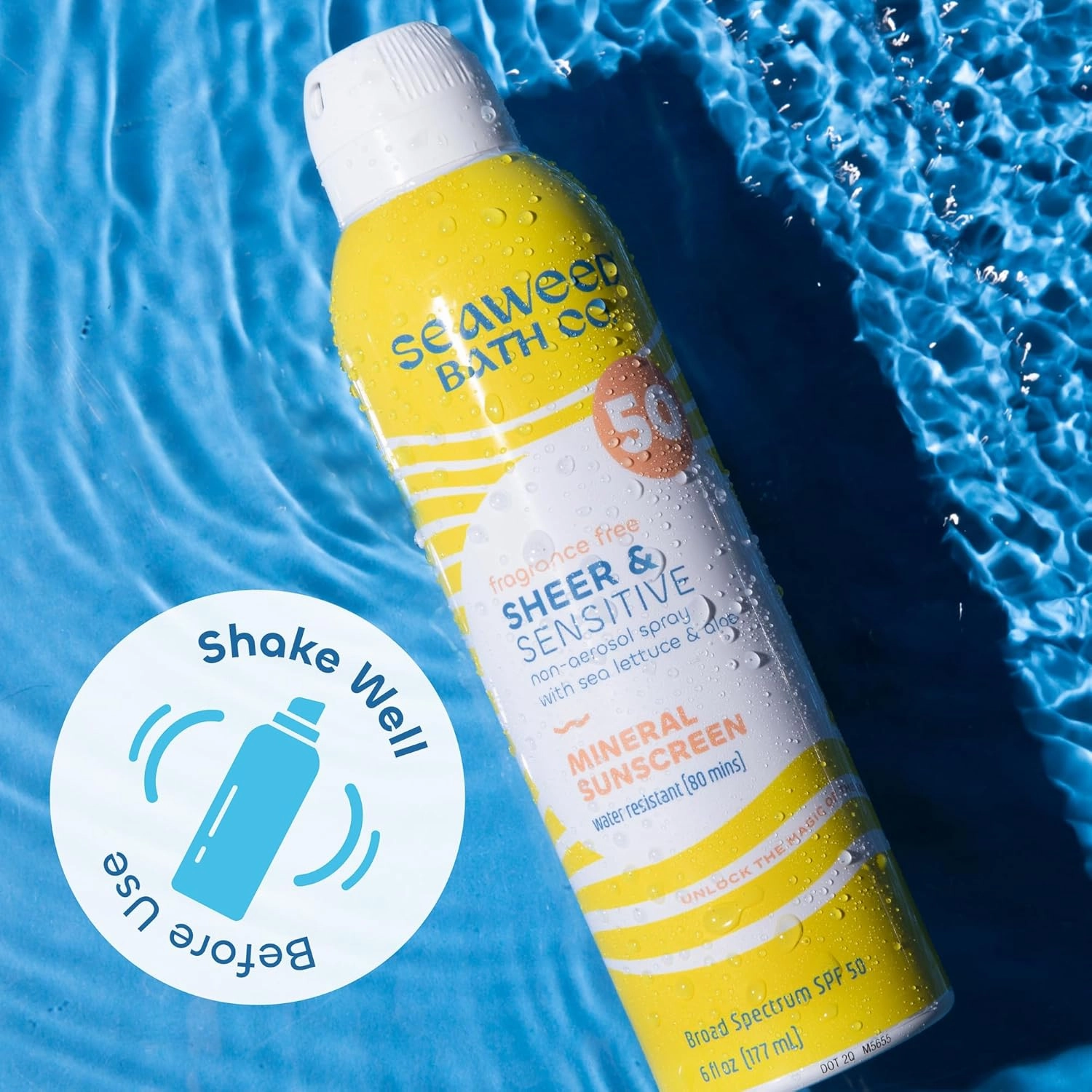 Seaweed Bath Co. Sheer Mineral Sensitive SPF 50 Broad Spectrum Sunscreen Spray, 6 Ounce, Fragrance Free, Sustainably Harvested Seaweed, Sea Lettuce, Aloe