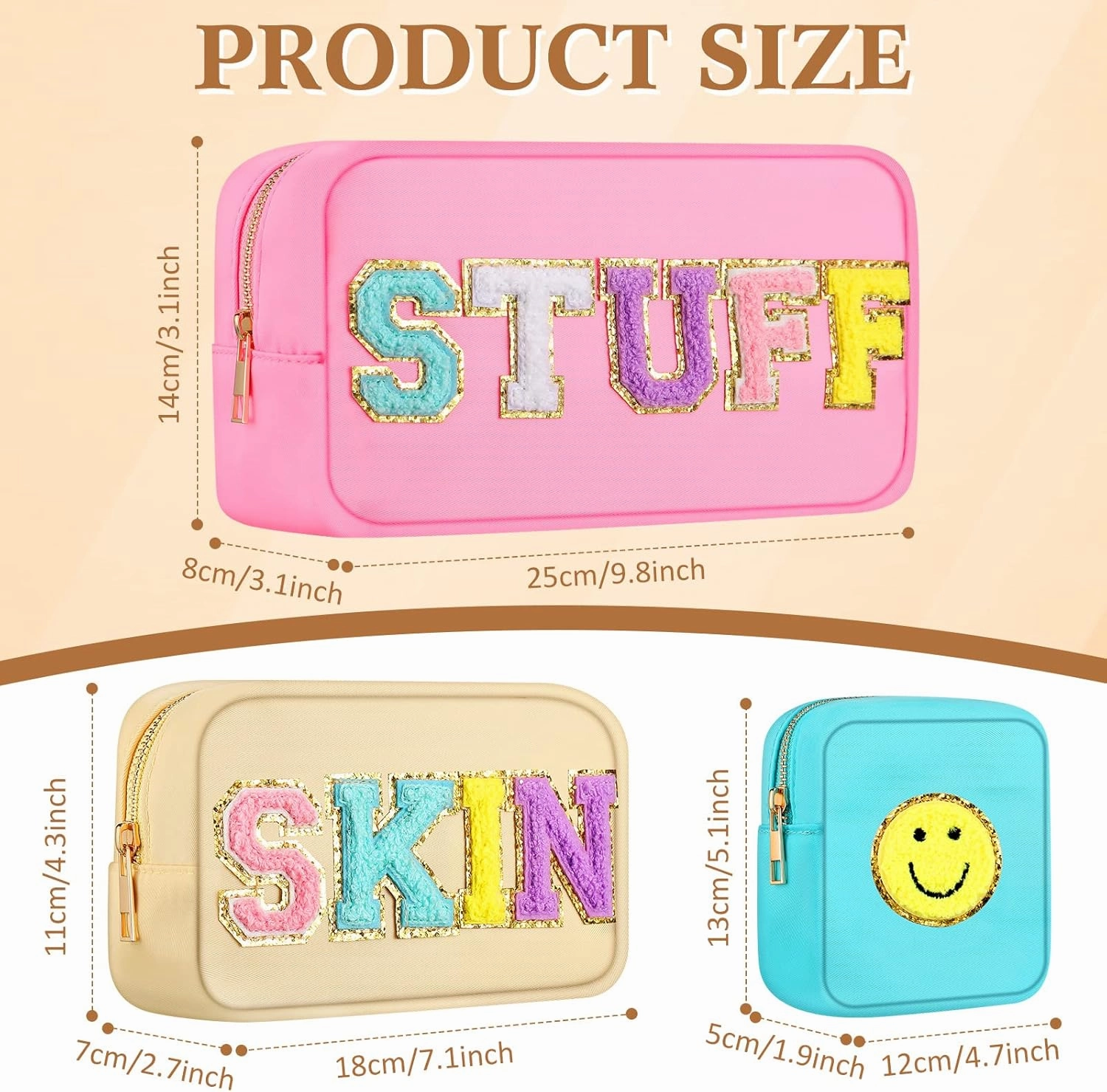 Silkfly 3 Pcs Preppy Makeup Bag Chenille Letter Nylon Cosmetic Bags Organizer Travel Pouches Set for Women(Happy,Pink, Beige, Blue)