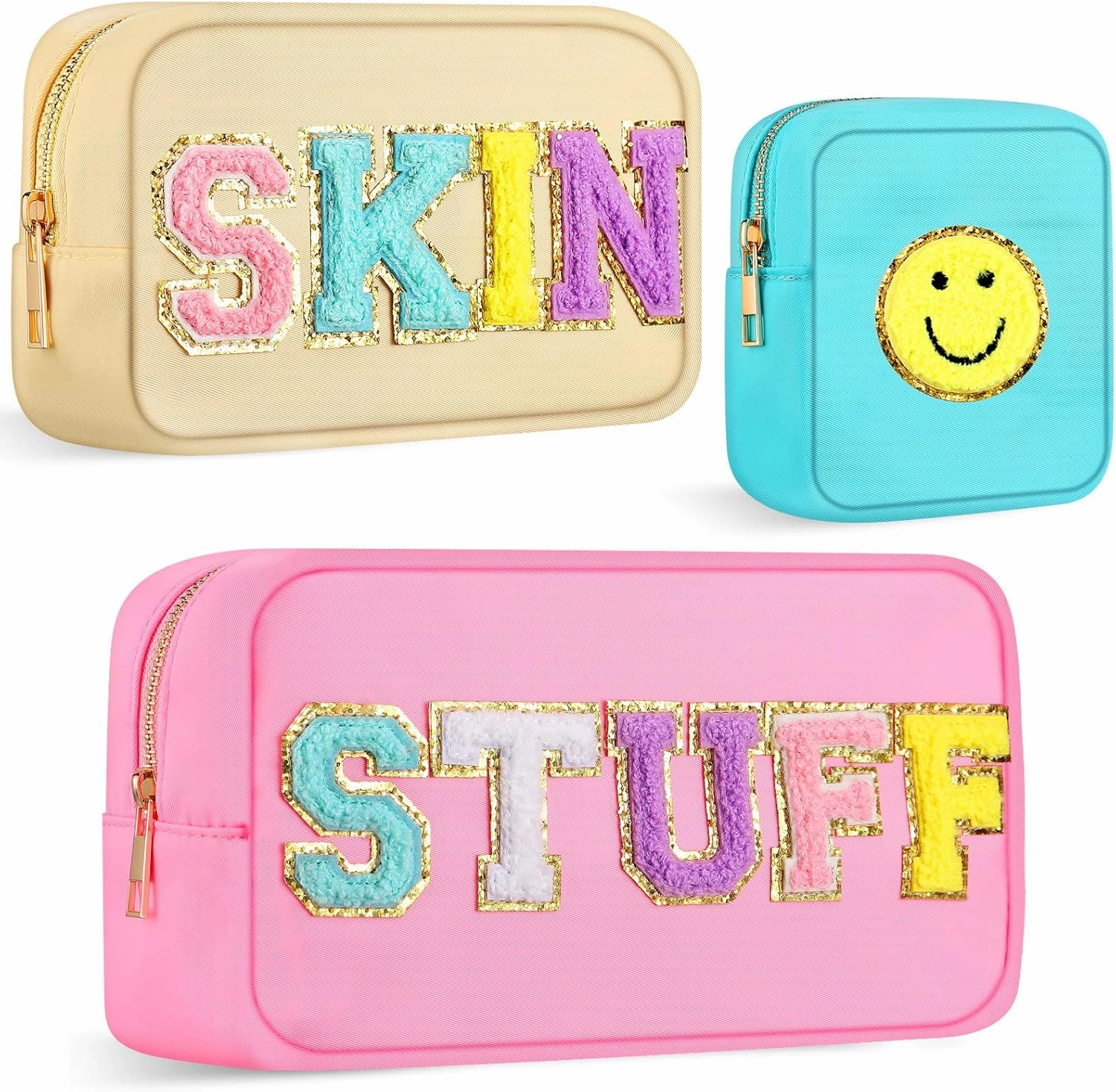 Silkfly 3 Pcs Preppy Makeup Bag Chenille Letter Nylon Cosmetic Bags Organizer Travel Pouches Set for Women(Happy,Pink, Beige, Blue)