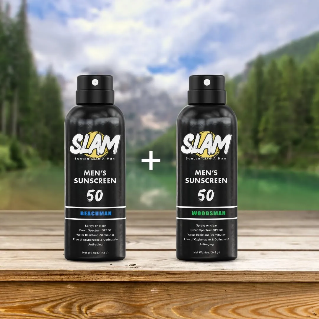 SLAM WoodsMan & BeachMan Bundle - Men's Scented Sunscreen, Men's sunblock, Men's Sunscreen Spray, Water Resistant, Paraben Free, Broad Spectrum UVA/UVB Sunscreen SPF 30, Sun Protection Factor 30