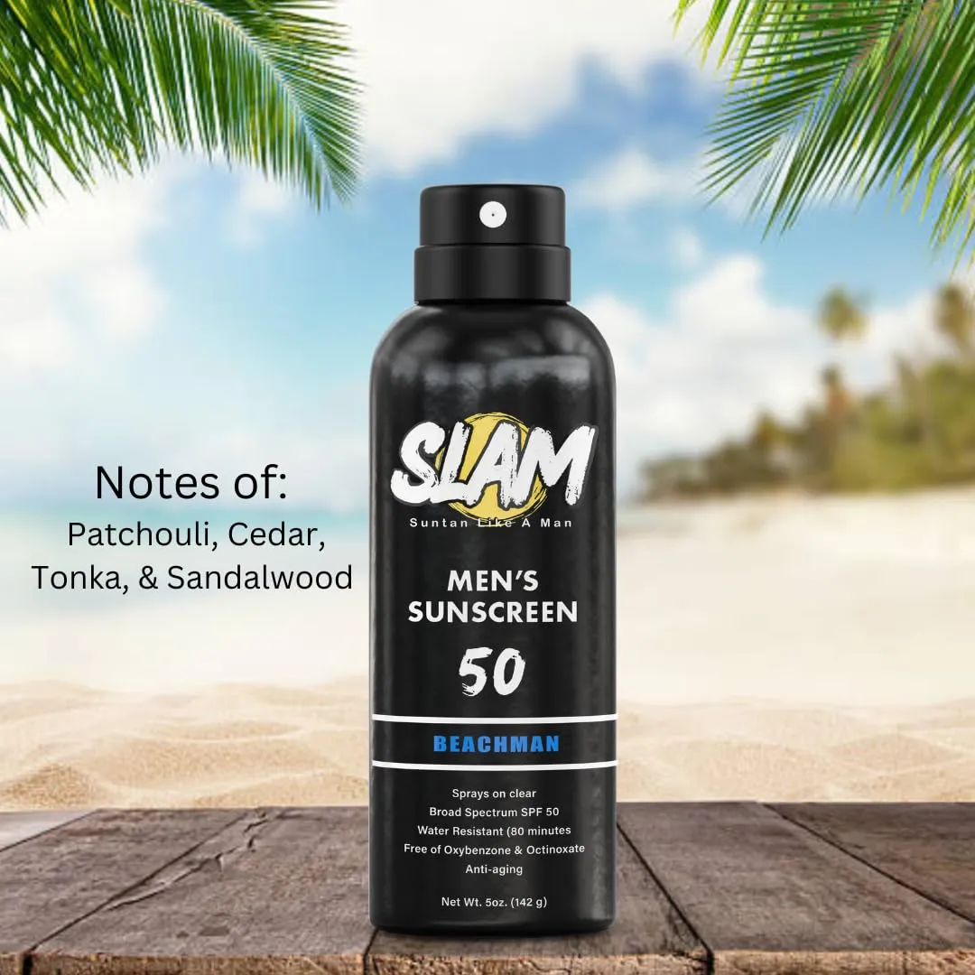 SLAM WoodsMan & BeachMan Bundle - Men's Scented Sunscreen, Men's sunblock, Men's Sunscreen Spray, Water Resistant, Paraben Free, Broad Spectrum UVA/UVB Sunscreen SPF 30, Sun Protection Factor 30