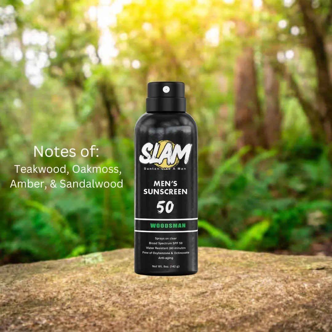 SLAM WoodsMan & BeachMan Bundle - Men's Scented Sunscreen, Men's sunblock, Men's Sunscreen Spray, Water Resistant, Paraben Free, Broad Spectrum UVA/UVB Sunscreen SPF 30, Sun Protection Factor 30