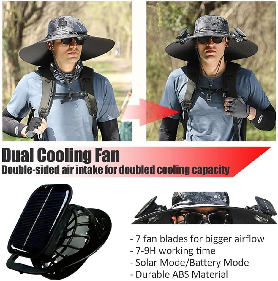 Solar Fan Hat,with 2 Solar Powered Fans,Outdoor Summer UV Hiking Camping Fishing Hat,Solar & USB Charging