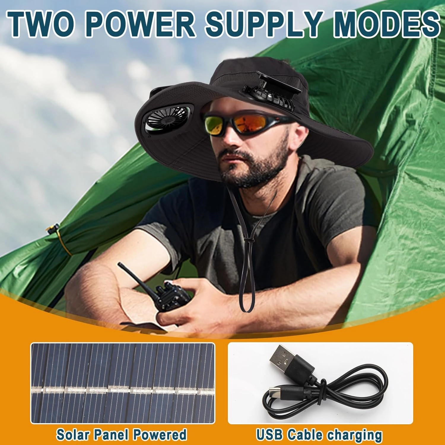 Solar Fan Hat, Wide Edge Outdoor Sun Hat with 2 Built-in Fans, UPF 50  Waterproof Outdoor Hiking Camping Fishing Hat