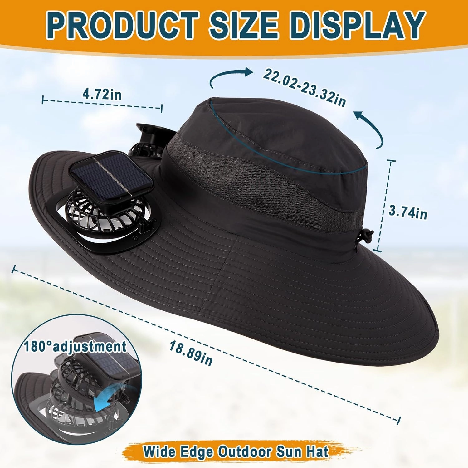 Solar Fan Hat, Wide Edge Outdoor Sun Hat with 2 Built-in Fans, UPF 50  Waterproof Outdoor Hiking Camping Fishing Hat