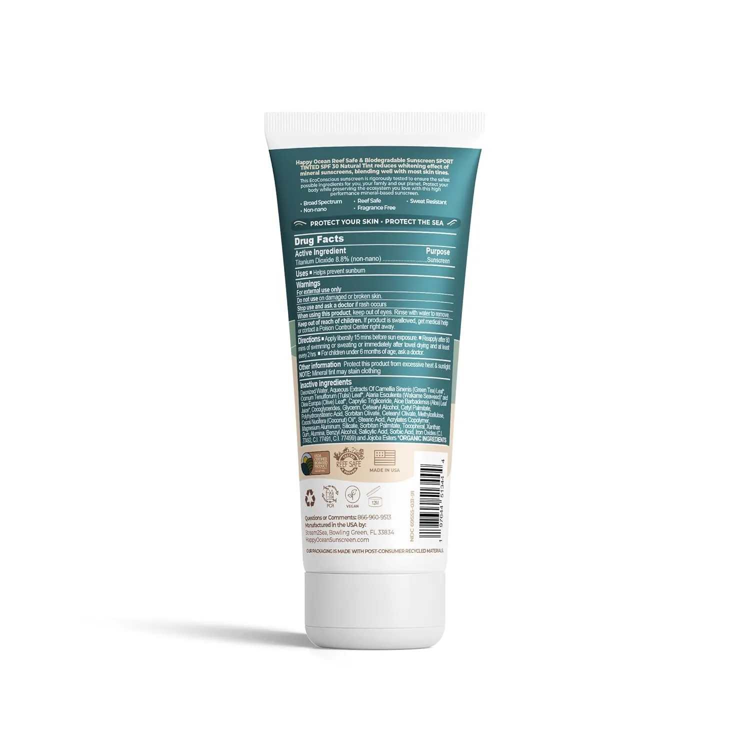 SPF 30 Reef Safe Tinted Mineral Sunscreen for Face & Body, Natural Biodegradable Sport Sunscreen, Reef Friendly, Travel Size, Non Toxic Organic Mineral Based 2.5 Fl Oz