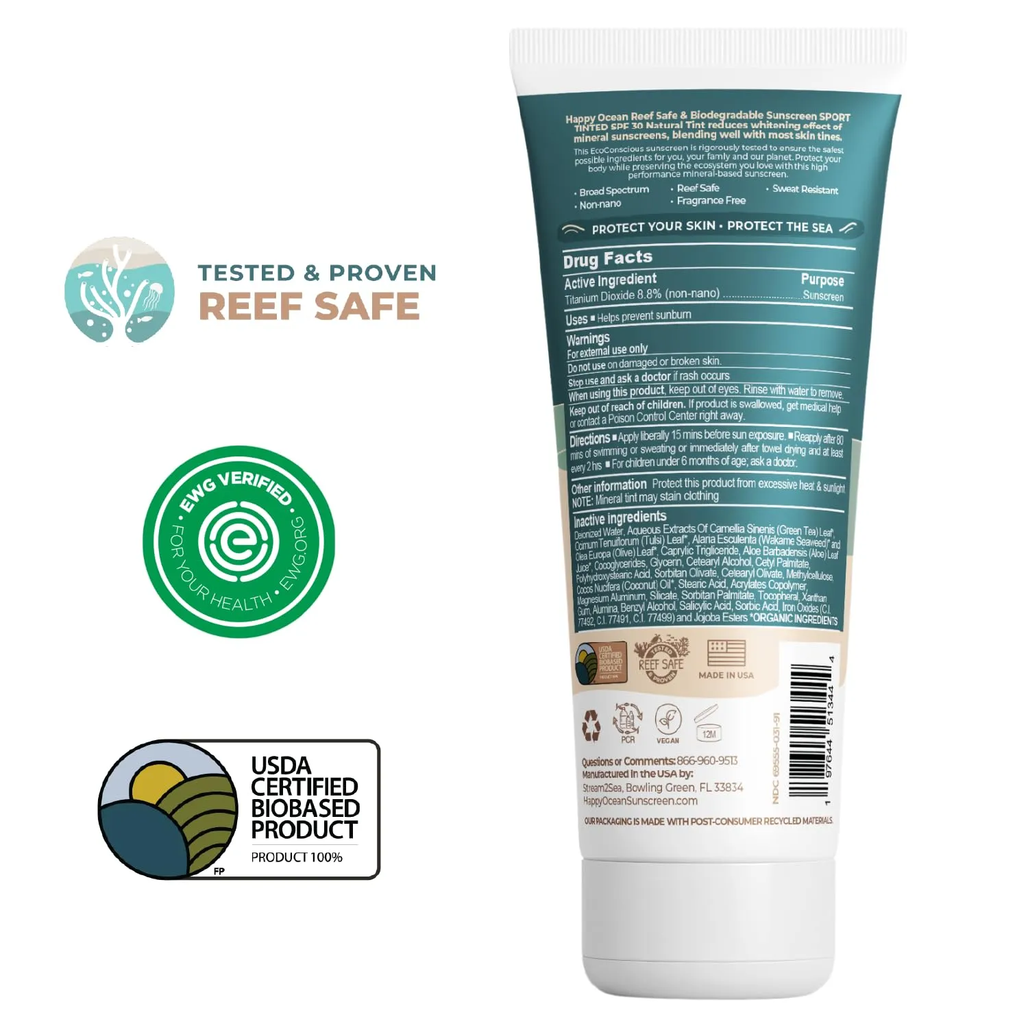 SPF 30 Reef Safe Tinted Mineral Sunscreen for Face & Body, Natural Biodegradable Sport Sunscreen, Reef Friendly, Travel Size, Non Toxic Organic Mineral Based 2.5 Fl Oz