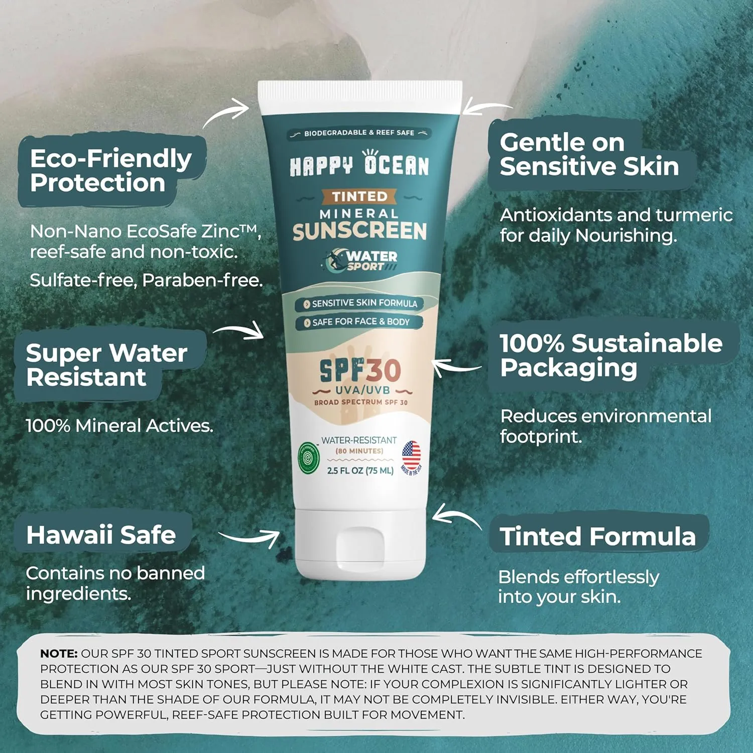 SPF 30 Reef Safe Tinted Mineral Sunscreen for Face & Body, Natural Biodegradable Sport Sunscreen, Reef Friendly, Travel Size, Non Toxic Organic Mineral Based 2.5 Fl Oz
