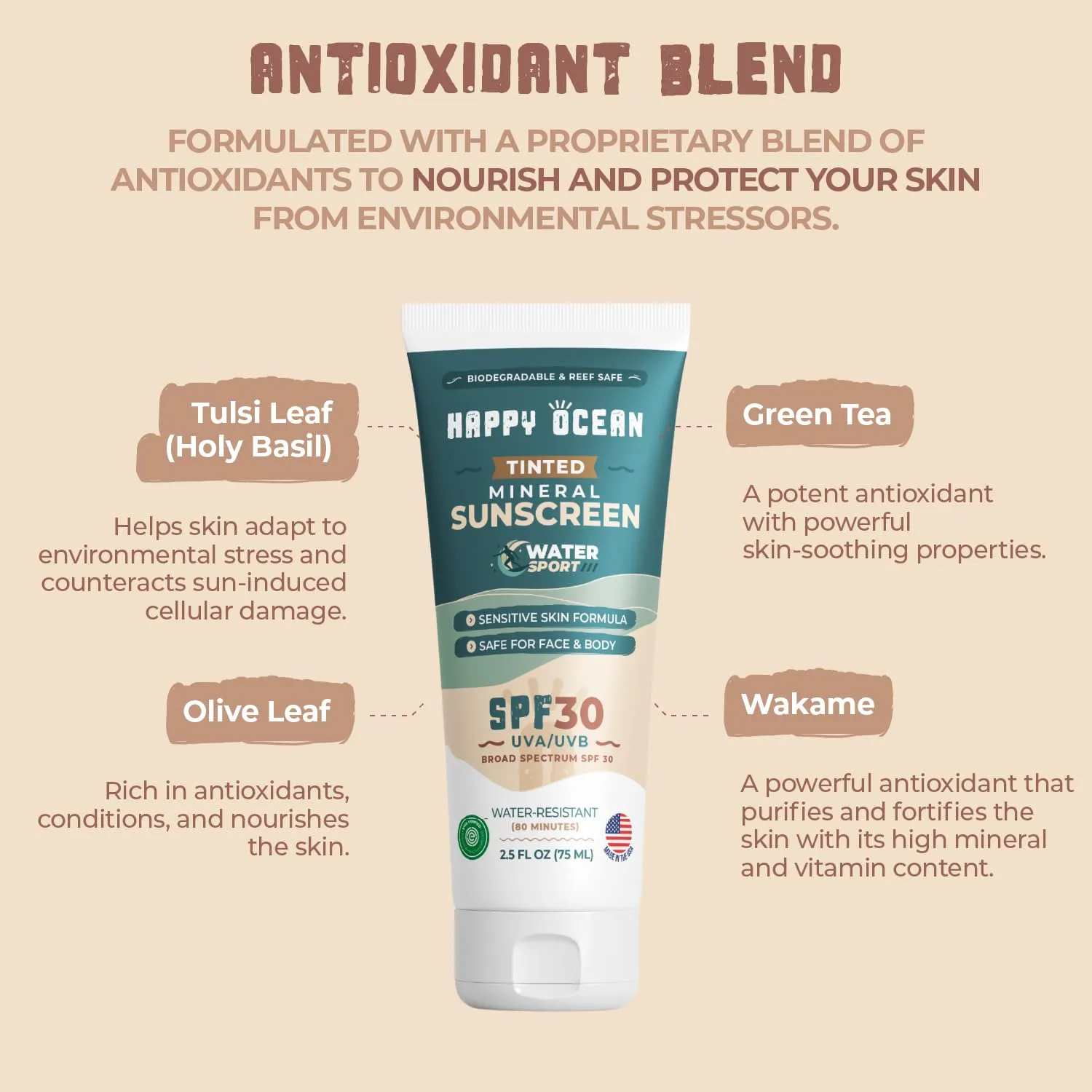 SPF 30 Reef Safe Tinted Mineral Sunscreen for Face & Body, Natural Biodegradable Sport Sunscreen, Reef Friendly, Travel Size, Non Toxic Organic Mineral Based 2.5 Fl Oz