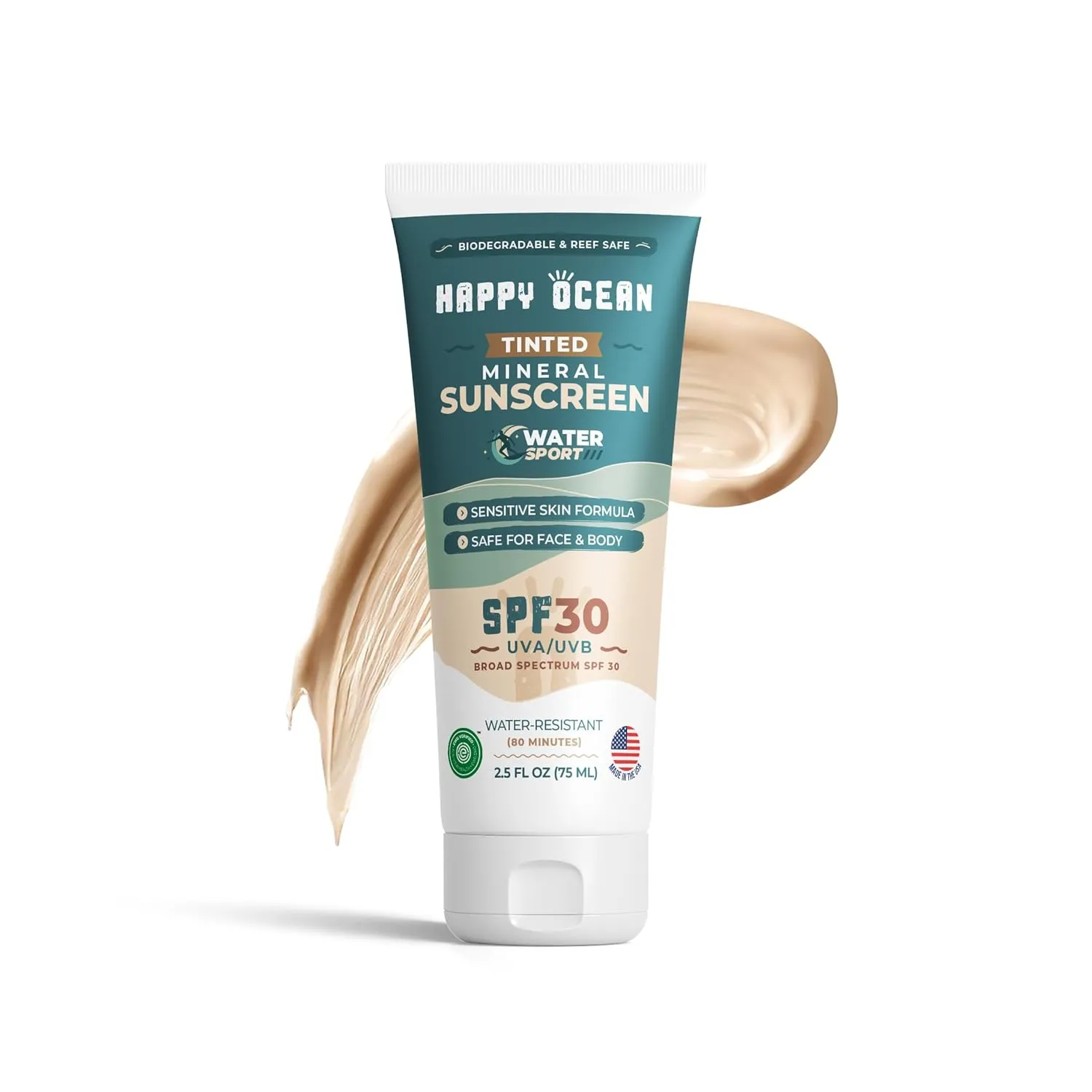 SPF 30 Reef Safe Tinted Mineral Sunscreen for Face & Body, Natural Biodegradable Sport Sunscreen, Reef Friendly, Travel Size, Non Toxic Organic Mineral Based 2.5 Fl Oz