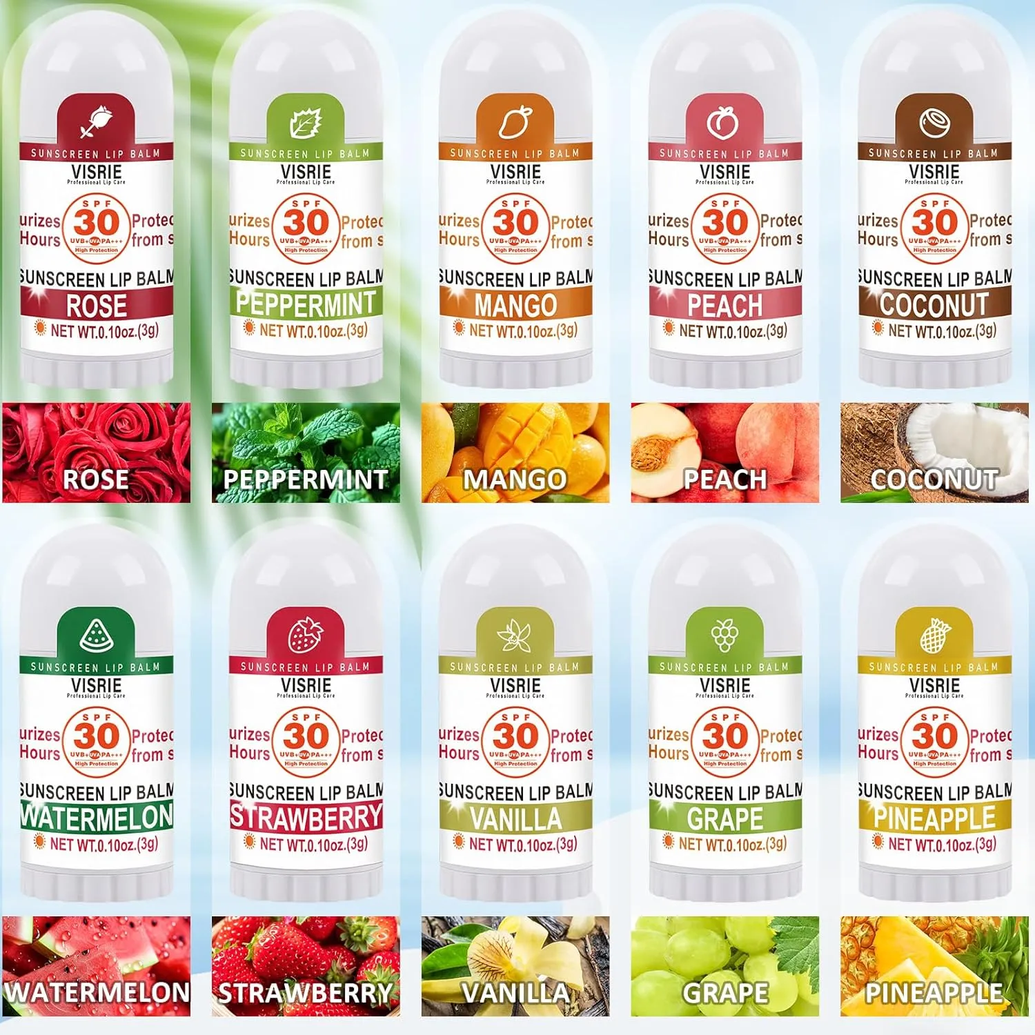 SPF 30 Sunscreen Lip Balm, SPF Lip Balm Bulk 60 Count, Broad Spectrum UVA/UVB Lip Sunscreen with Vitamin E and Coconut Oil- 10 Flavors