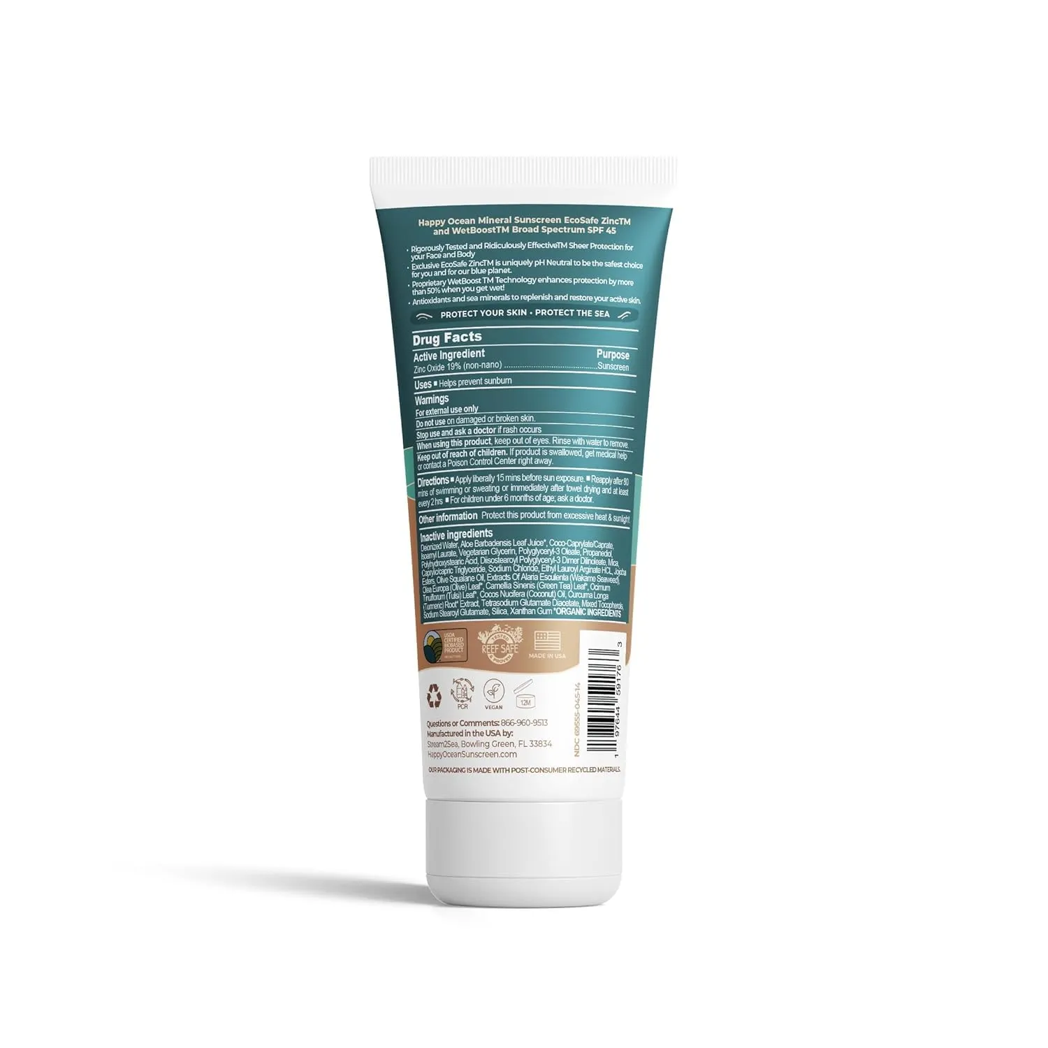 SPF 45 Biodegradable Reef Safe Sunscreen for Face & Body, Non-Nano Zinc Oxide, Natural Fragrance Free Non Toxic Organic Mineral Sunscreen, Travel Size Reef Friendly Mineral Based 2.5 Fl Oz