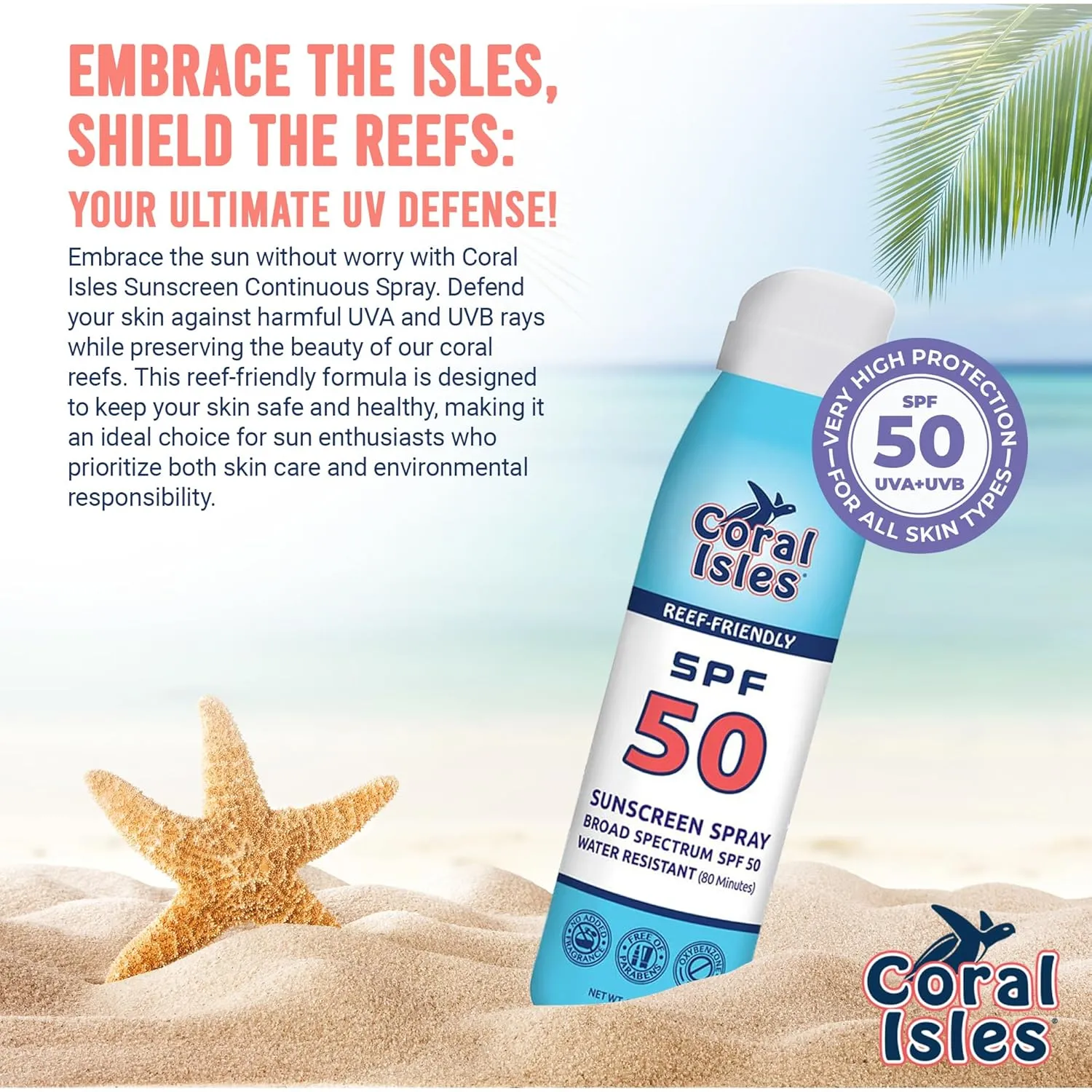 SPF 50 Sunscreen Spray - Hawaii Compliant as Reef Safe - Oxybenzone & Octinoxate Free - Broad Spectrum - Water Resistant, 6 Fl Oz (Pack of 3)